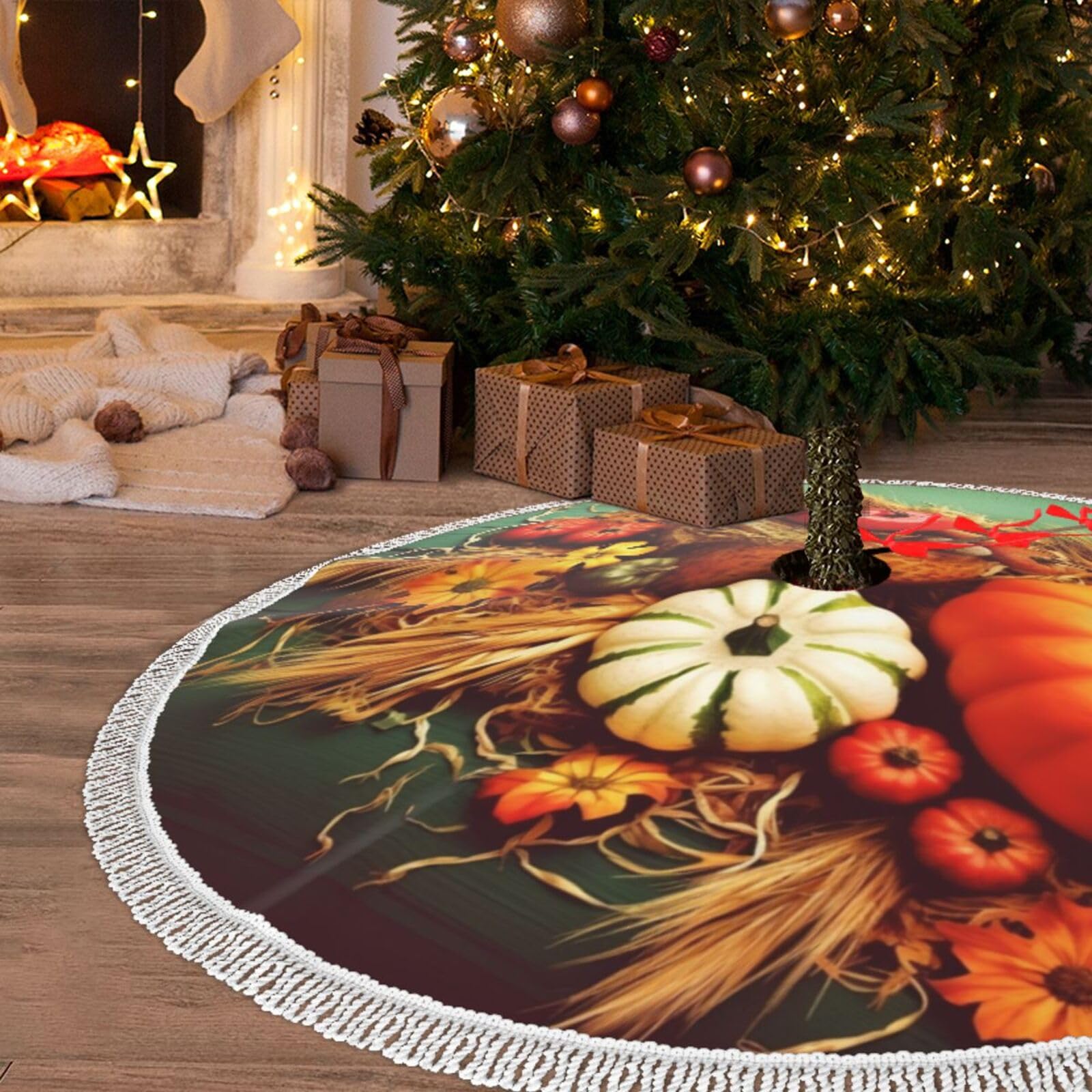 Jupe de sapin de Noël avec pompons au motif festif de 91cm pour vacances