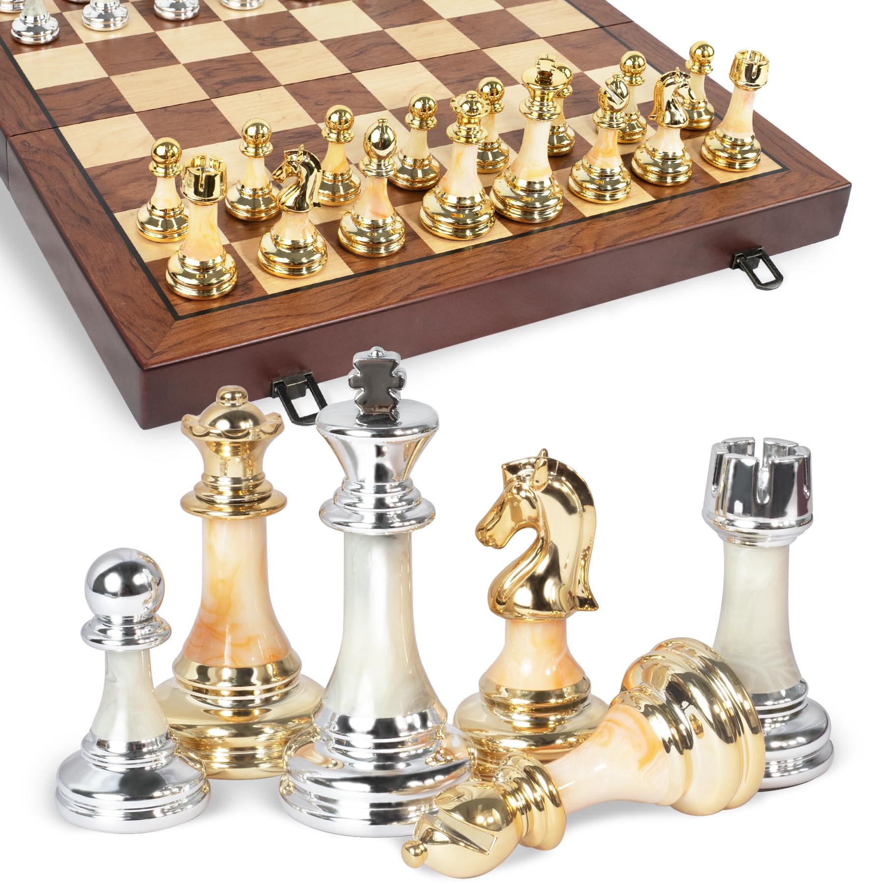 16.5" Wooden Chess Set with Weighted Acrylic Chess Pieces,Folding Board with Handle 3.5" King Portable Classic Game for Adults and Kids