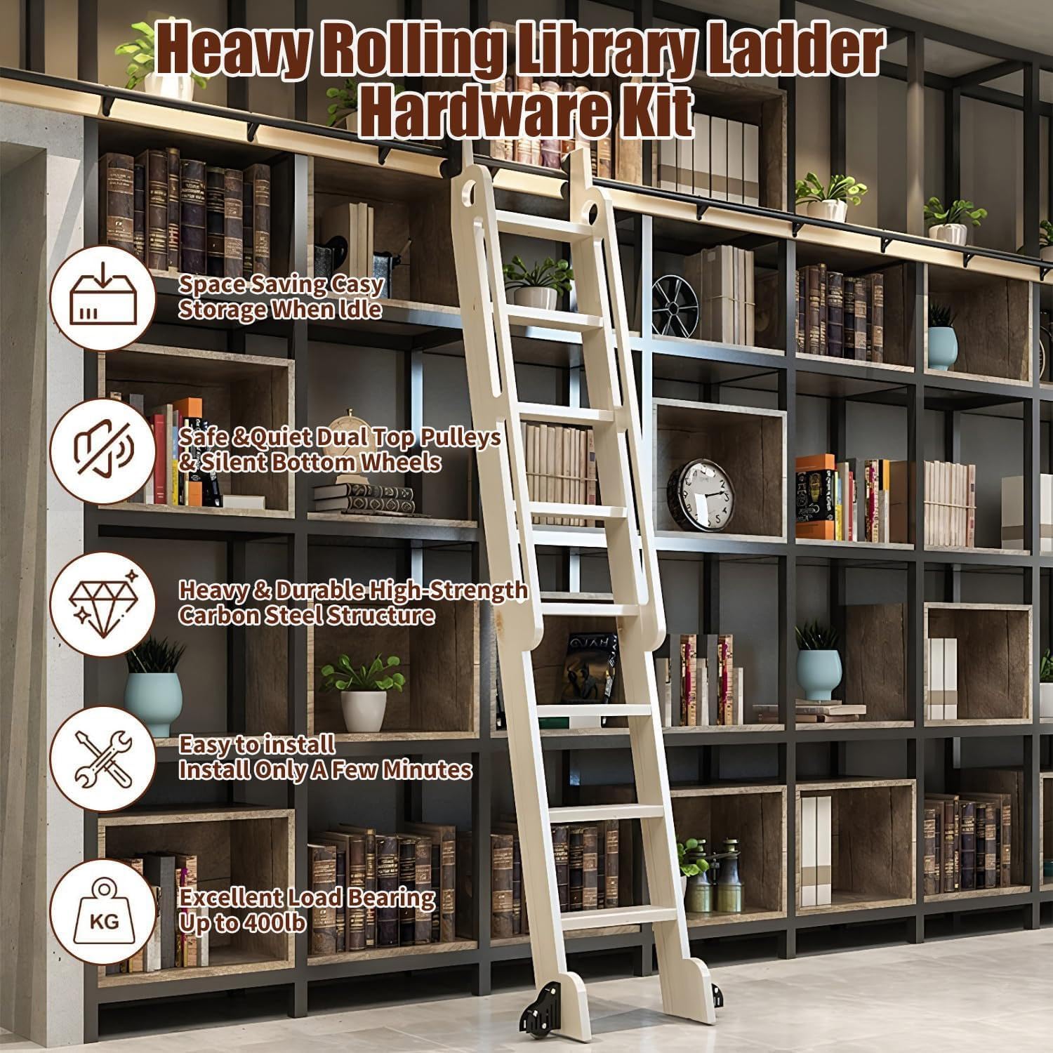 Kit de hardware de escalera de biblioteca rodante telescópico - deslizamiento con rodillos de piso para almacenamiento vertical, sin ocupar espacio de piso - fácil de instalar,10ft/3m Track Kit