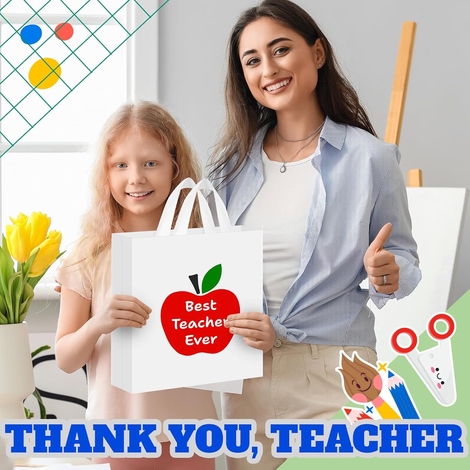 Kolldenn 48 Pcs Teachers Appreciation Gift Bags Bulk 10 x 13'' Large Plastic Thank You Teacher Apple Goodies Shopping Bags with Handle for Back to 100th Day of School Classroom Party - Image 2