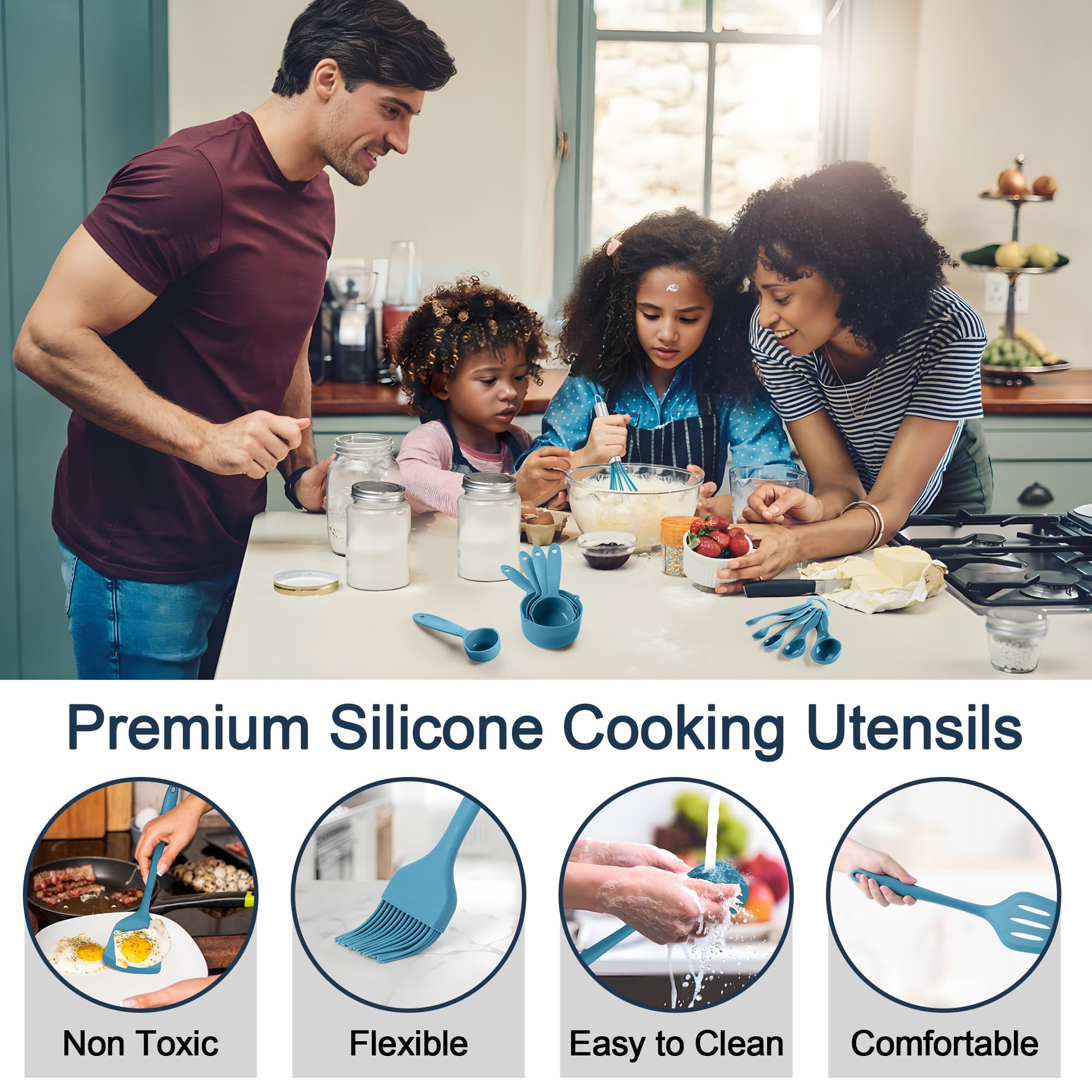 E-far Juego de utensilios de cocina de silicona, 25 piezas con soporte, herramientas de cocina no tóxicas, espátula, volteador, cucharón, para utensilios de cocina antiadherentes, resistentes al calor