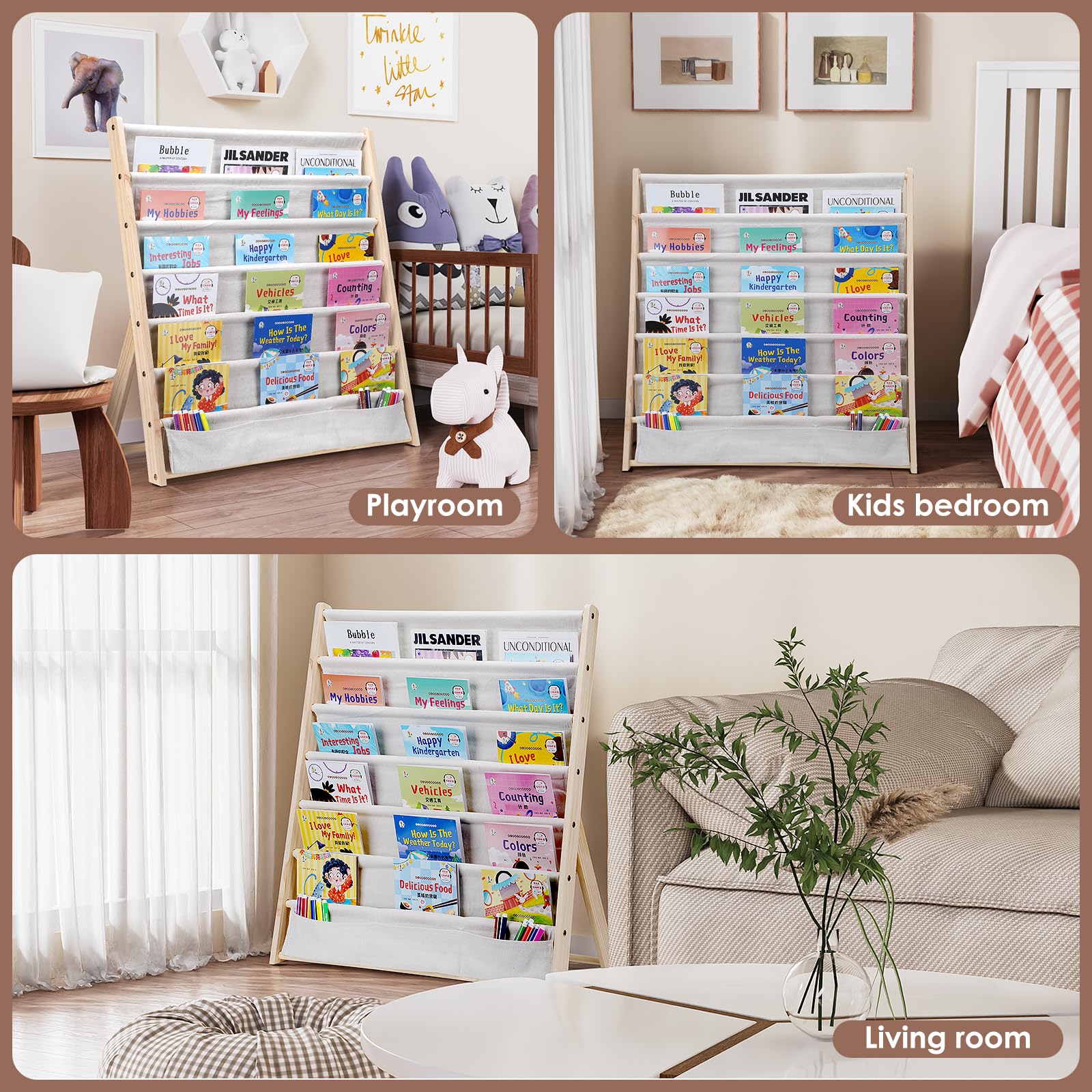 Bibliothèque pour enfants, 6 niveaux, étagère à livres, rangement, présentoir, accès facile, organisateur de livres en bois avec poche pour chambre d'enfant et salle de jeux (Beige)
