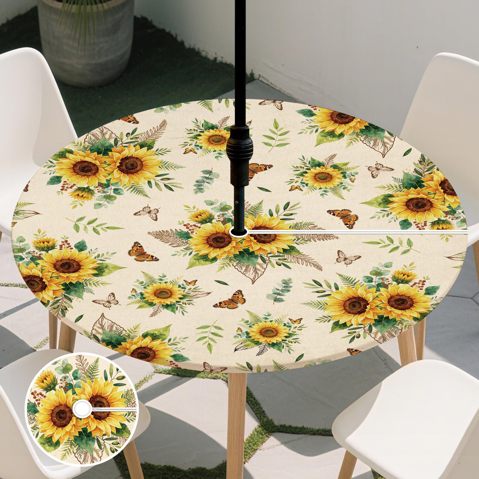 CUTHOLLOW Sunflowers and Butterflies Round Fitted Tablecloth, Elastic