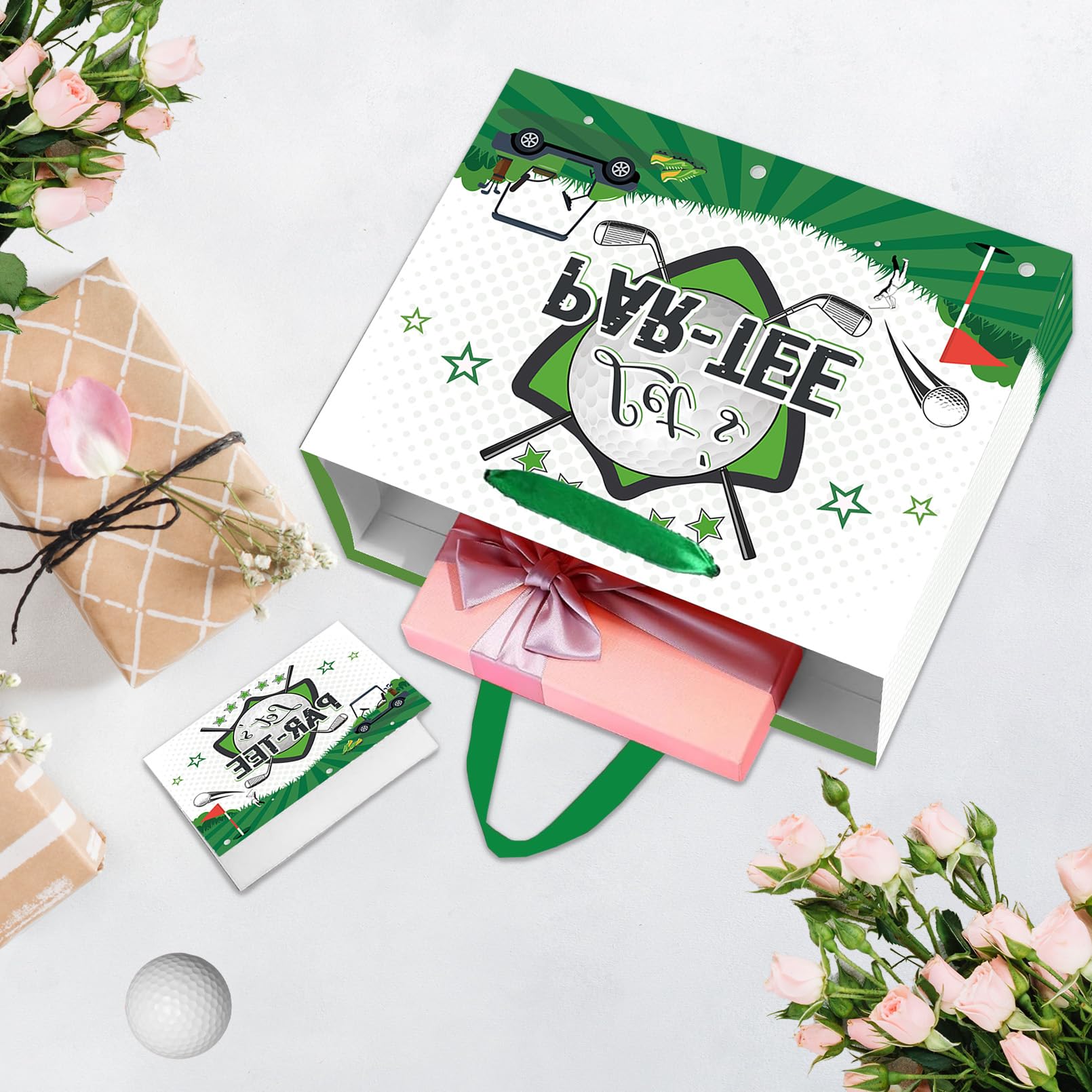LOYUJI Large Golf Birthday Gift Bag, Green Golf Themed Gift Bag with Tissue Paper and Card, Sports Party Decorations for Men, Boys, Baby Showers, Birthday Party Favor Supplies