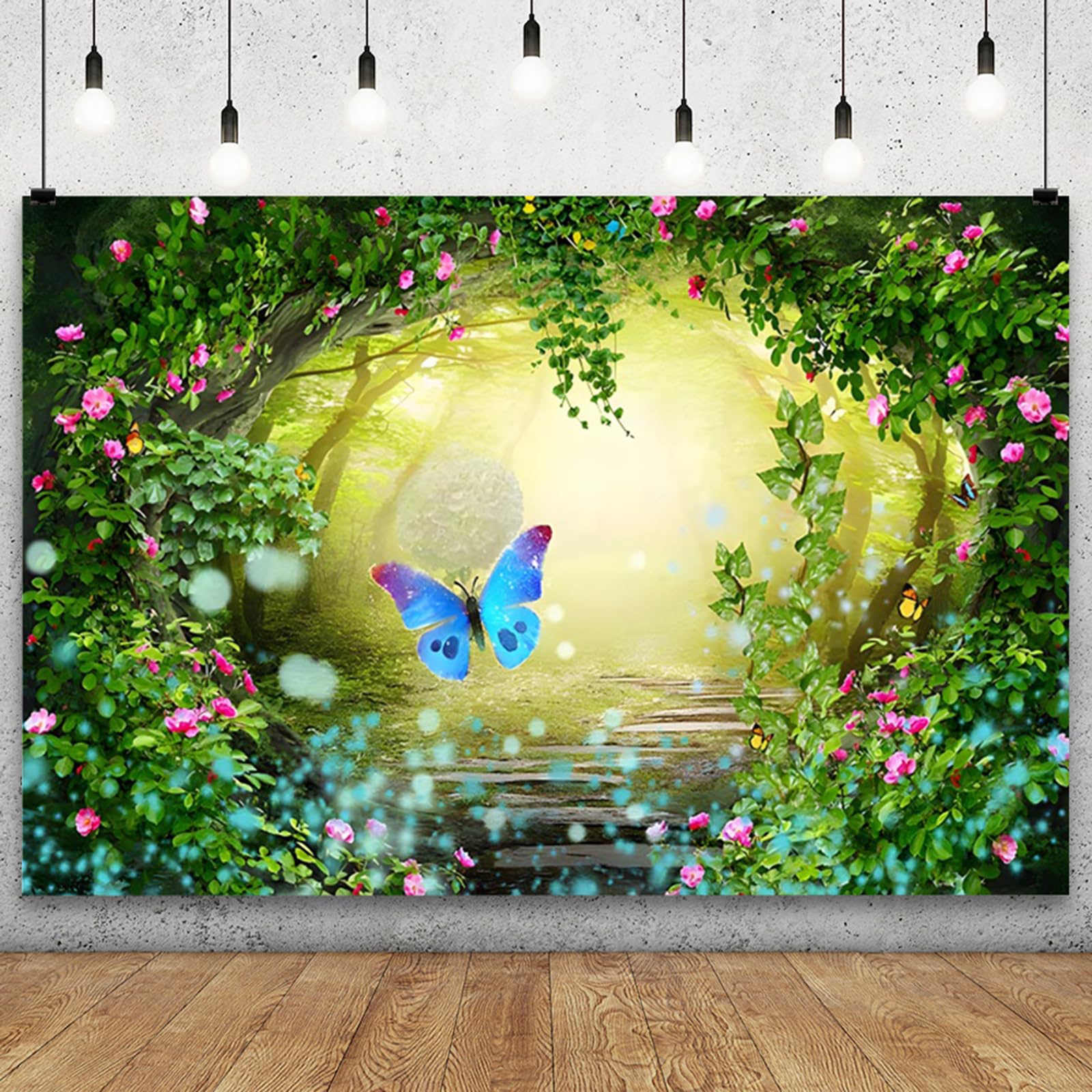 YongFoto 20x10ft Spring Forest Backdrop Enchanted Garden Pink Flowers Leaves Fairy Tale Wonderland Butterfly Misty Forest Jungle Photo Background Baby
