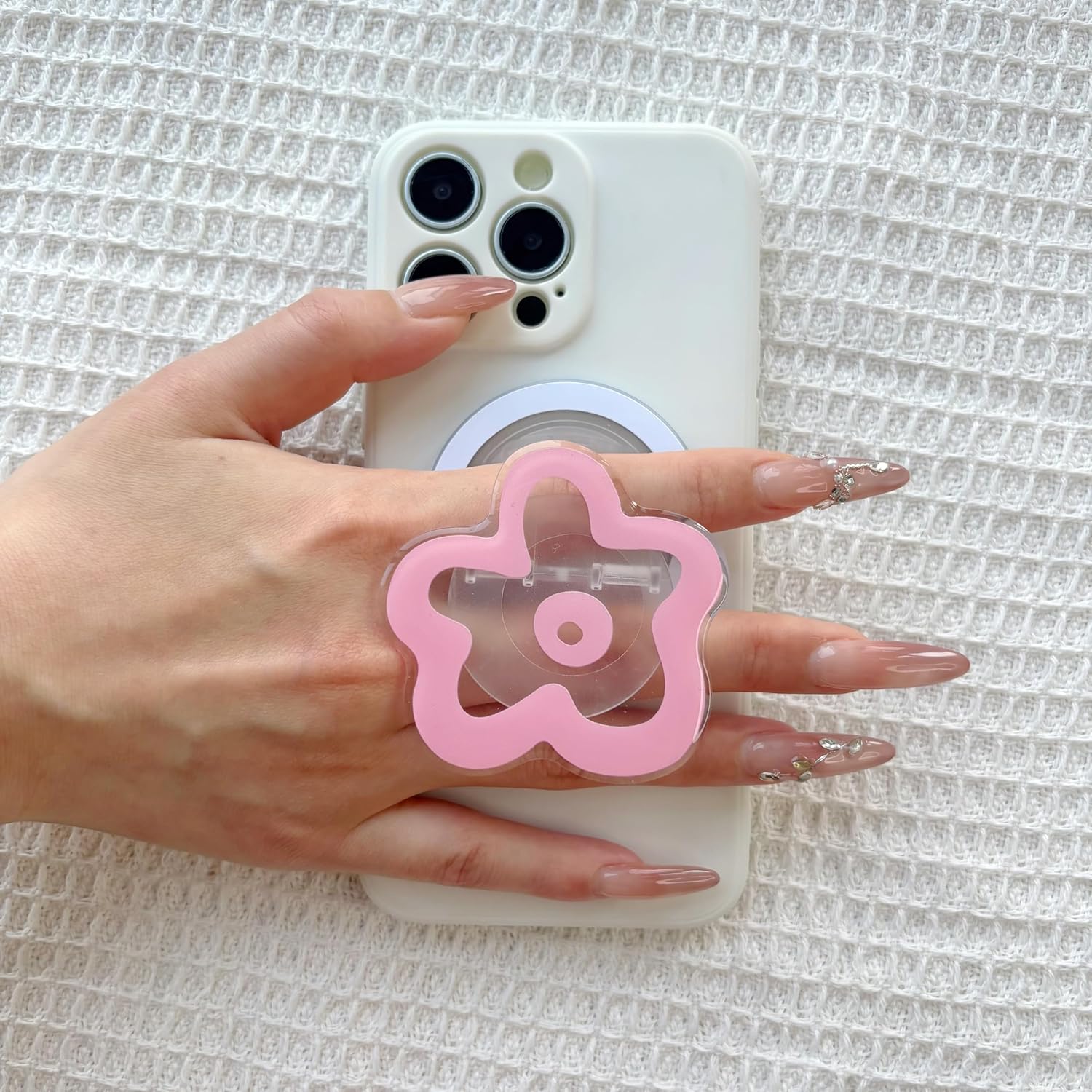 Phone Grip Compatible with Magsafe - Cute Flower Series Transparent Acrylic Collapsible Design Magnetic Phone Grip Include Magnetic Adapter Ring (Pink) - Image 4