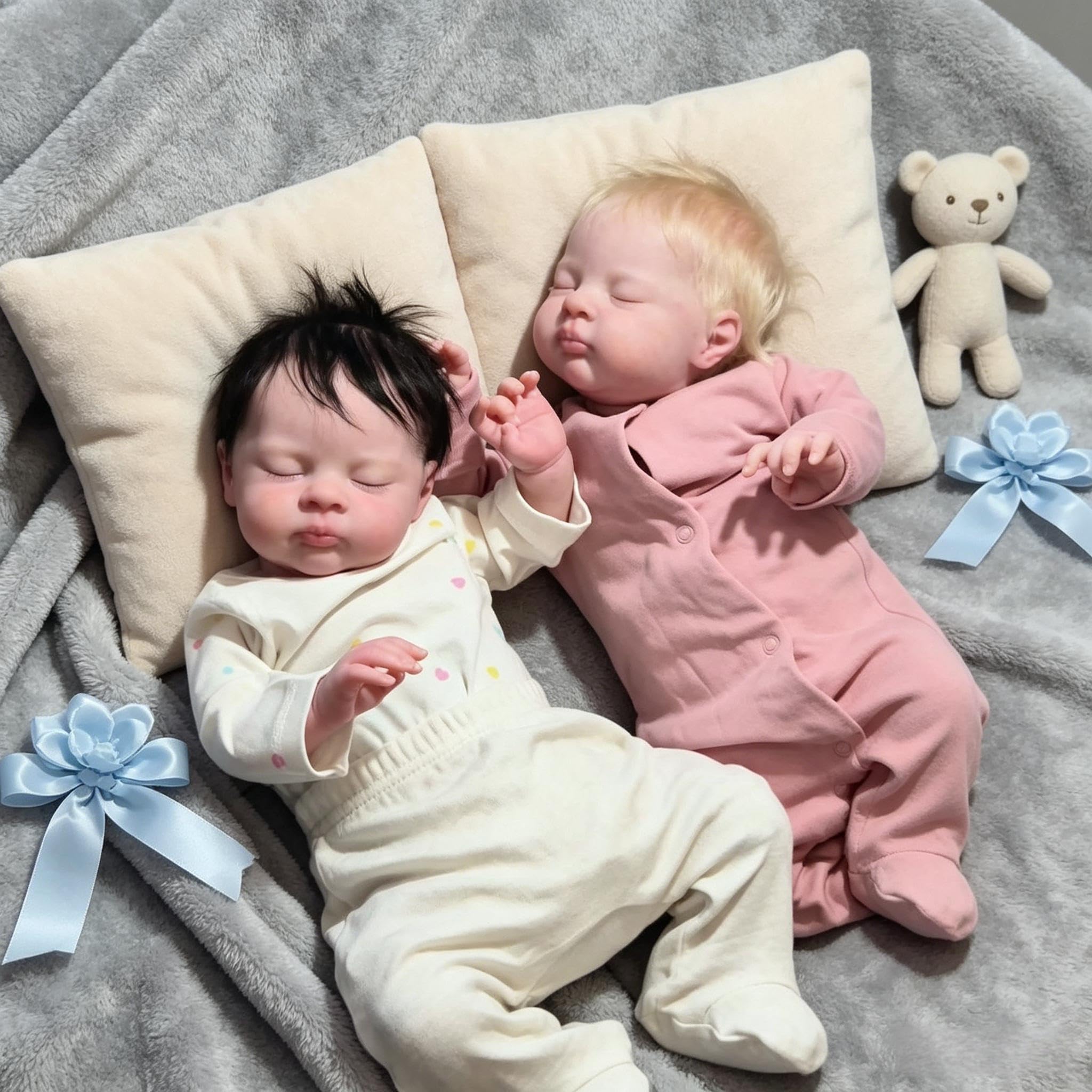 RXDOLL Lebensechte Reborn Babypuppen Zwillinge 19 Zoll Schlafende Reborn Baby Zwillinge Weicher Stoffkörper, Realistische Babypuppen mit Haar, Neugeborenenpuppe Spielzeug für Kinder