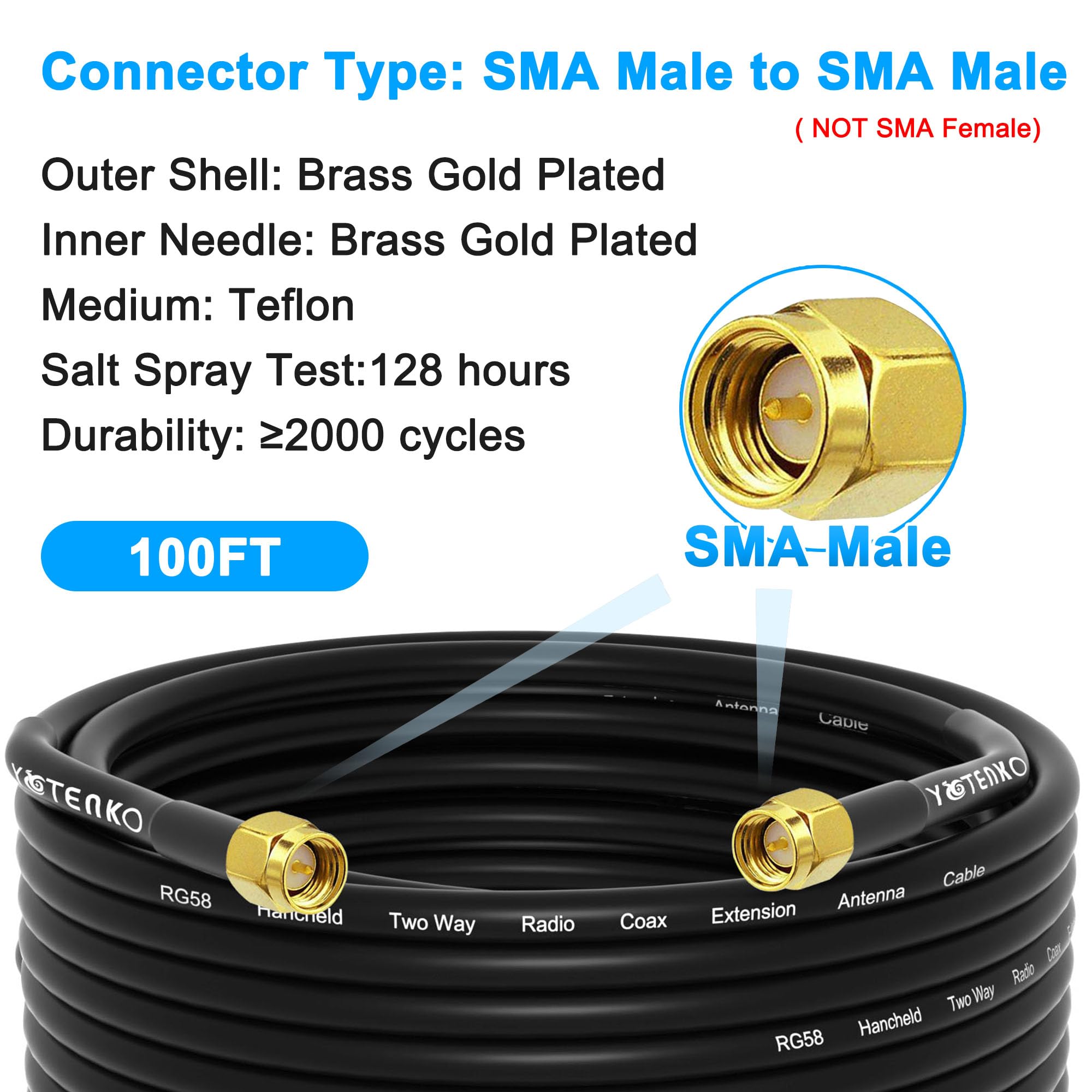 Câble coaxial RG58 30,5 m SMA mâle vers SMA mâle, adaptateur SMA mâle, extension de câble d'antenne, 50 ohm coaxial à faible perte pour récepteur GPS LAN RTL SDR Dongle ADS-B
