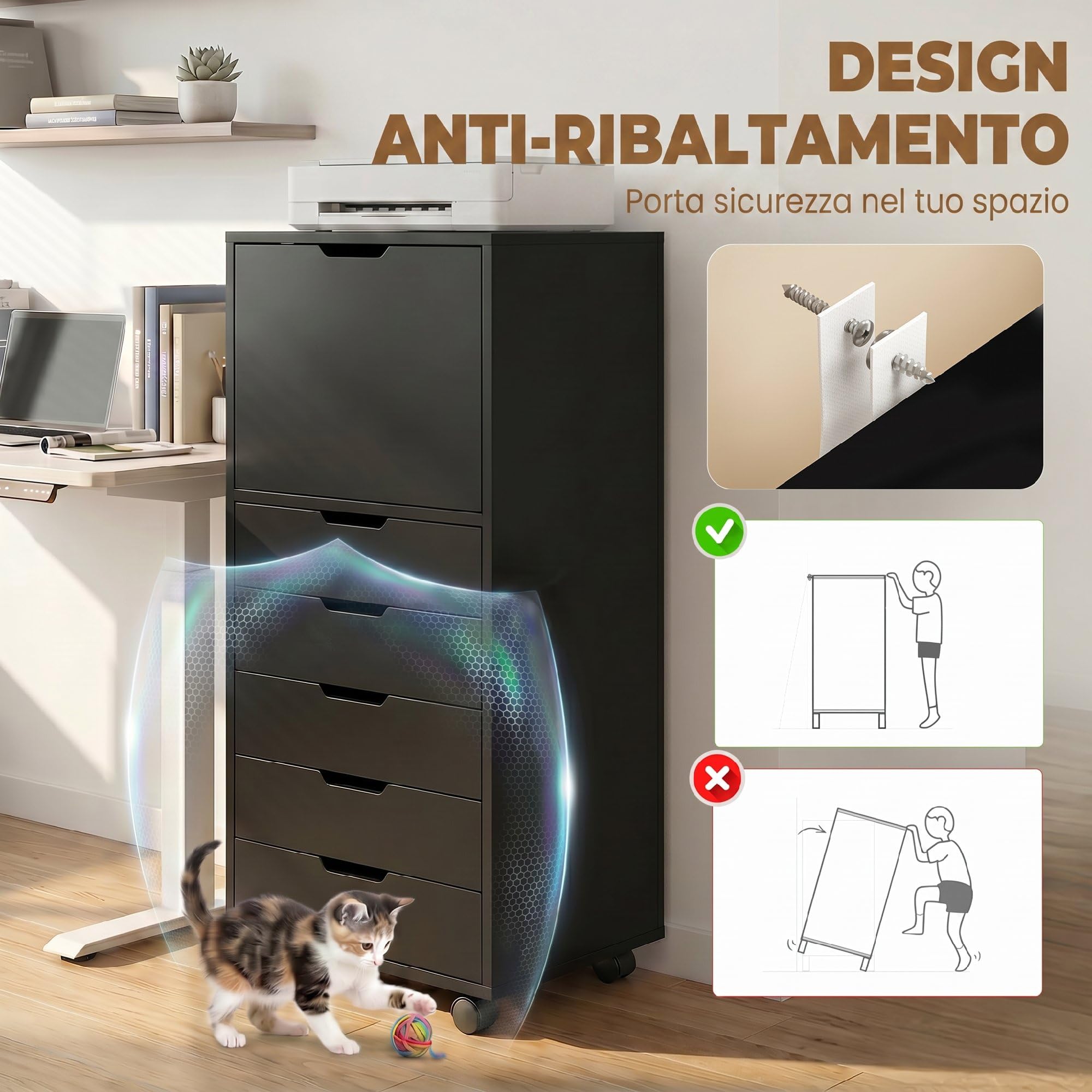 HOMCOM Schedario da Ufficio con 5 Cassetti Soft-Close 48x40x100 cm Nero | Armadio, Ruote a Freno, Cassettiera Scrivania per Documenti, Cassettiera Ufficio per Studio Sotto Scrivania