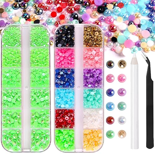 Vista 21 de Perlas para manualidades, 3600 unidades de diamantes de imitación de perlas de parte trasera plana mezcladas de 12 colores para uñas + medias perlas