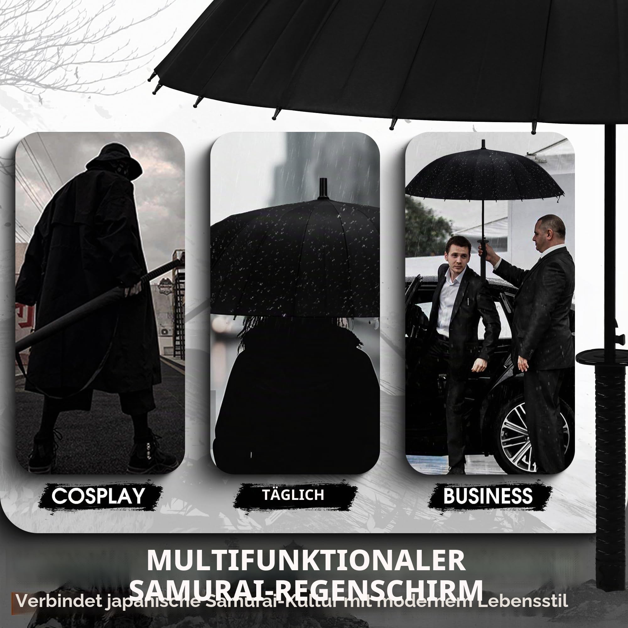Moontay Langer Griff Regenschirm Samurai Schwert-Design Outdoor Reise Sonne & Regen Winddicht Wasserdicht Sturmfest Anime schwarz gerade 16 oder 24 Rippen Metall unisex leicht