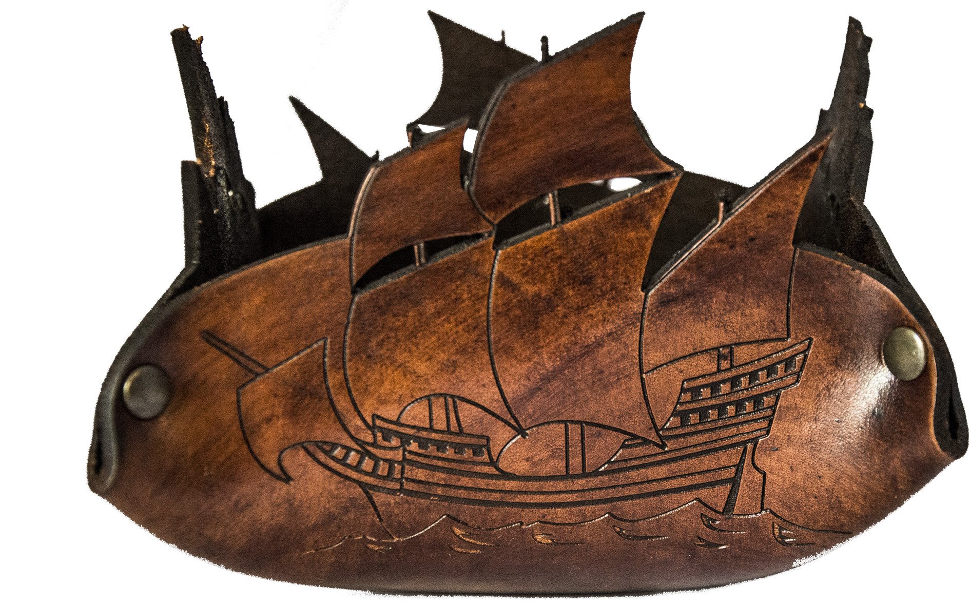 Etabeta Leather Valet Tray with Sailing Ship laser engraved - Coin, Key and other objects Box - Genuine Leather Vegetable-Tanned Artigiano Toscano - Made in Italy