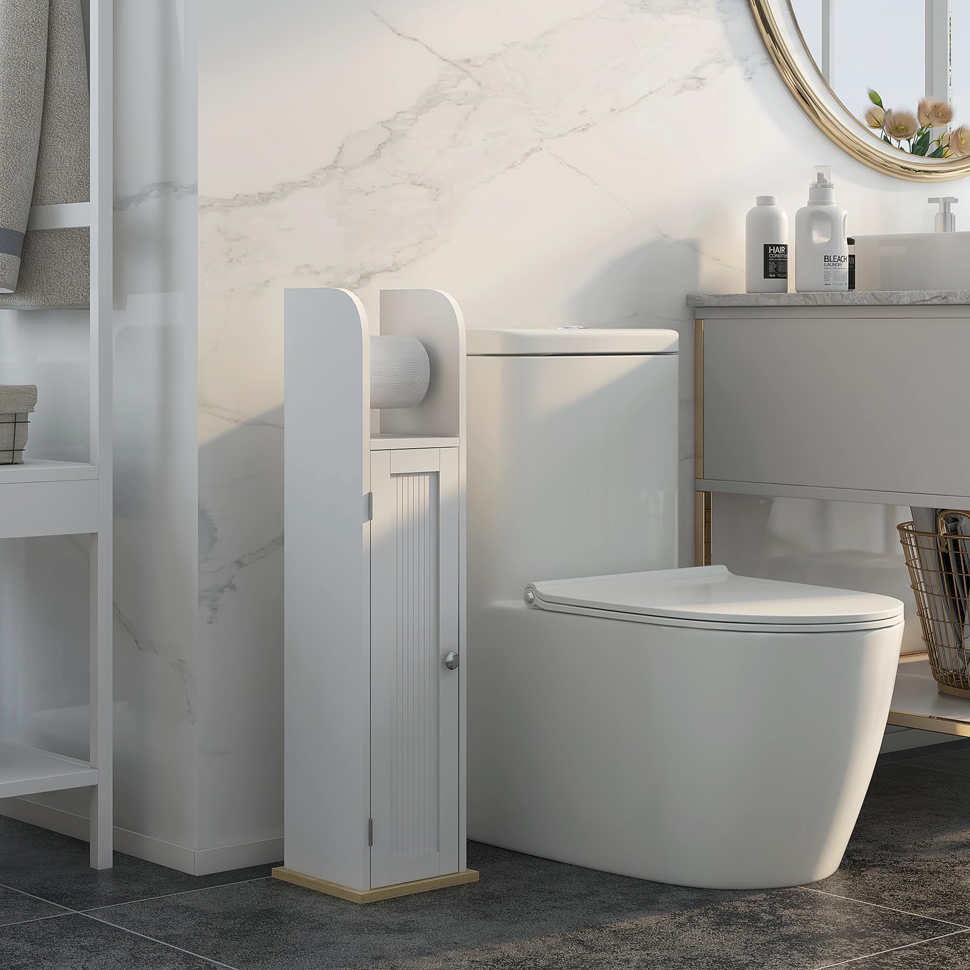 kleankin Meuble de Salle de Bain Support Papier Toilette avec Placard et étagères réglables 20 x 20 x 80 cm Blanc