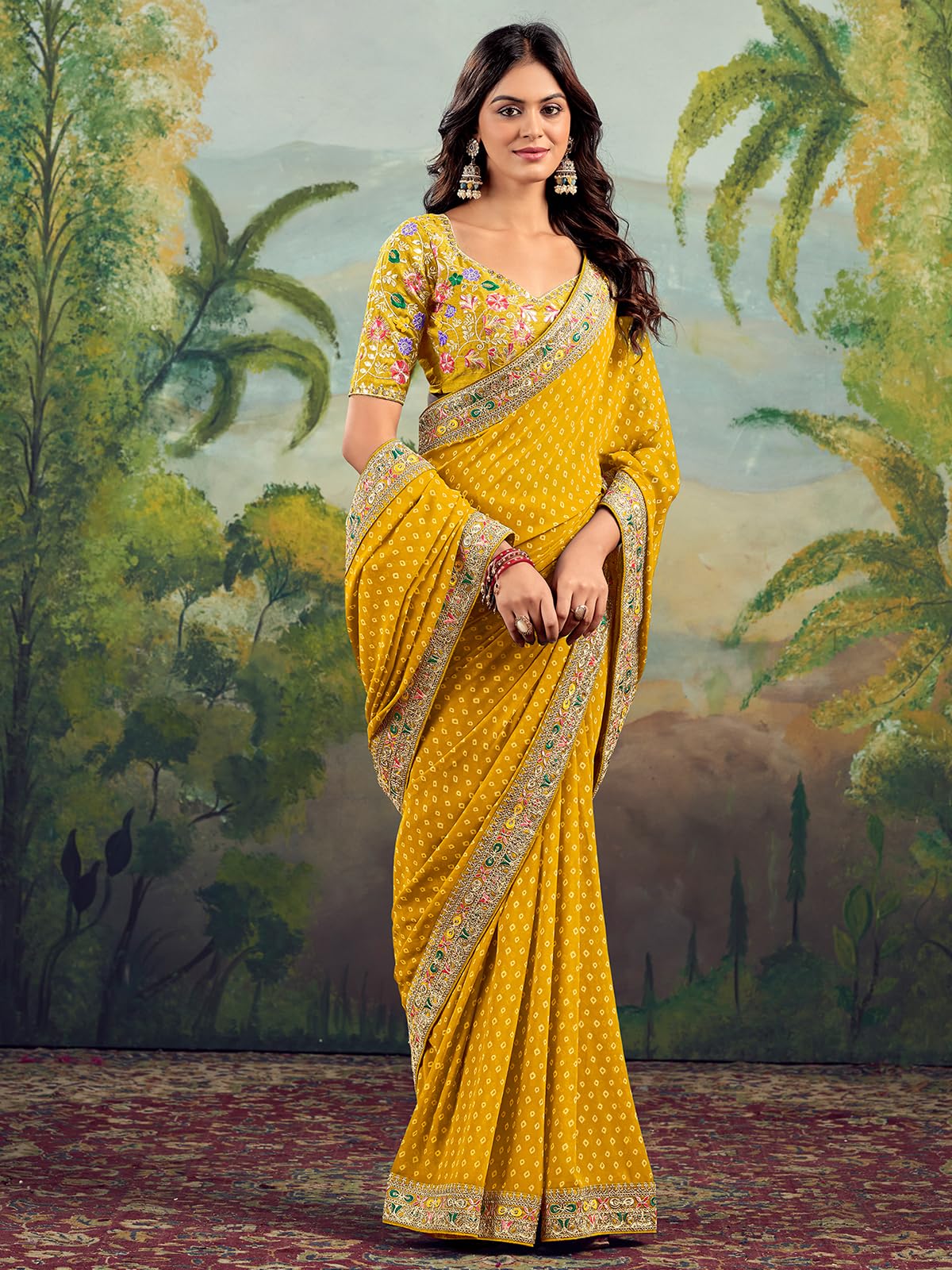 Satrani Women's Georgette Sequence Embroidery Lace & Bandhani Printed Saree With Unstitched Blouse Piece (4115S908N_Yellow)