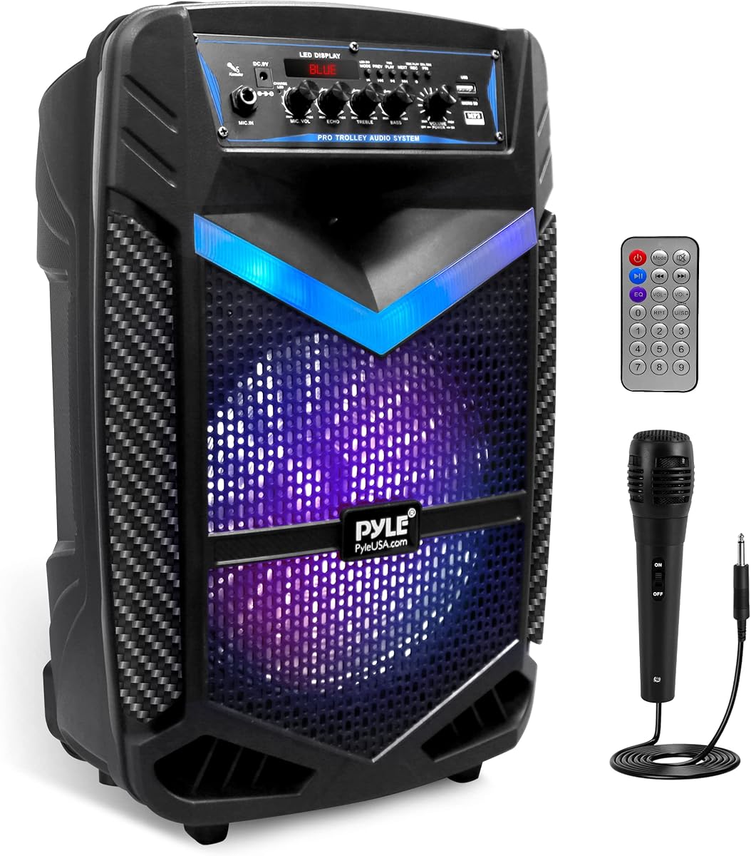 Portable Bluetooth PA Speaker System - 600W Rechargeable Outdoor Bluetooth Speaker Portable PA System w/ 10” Subwoofer 1” Tweeter, Recording Function, Mic In Party Lights USB/SD Radio