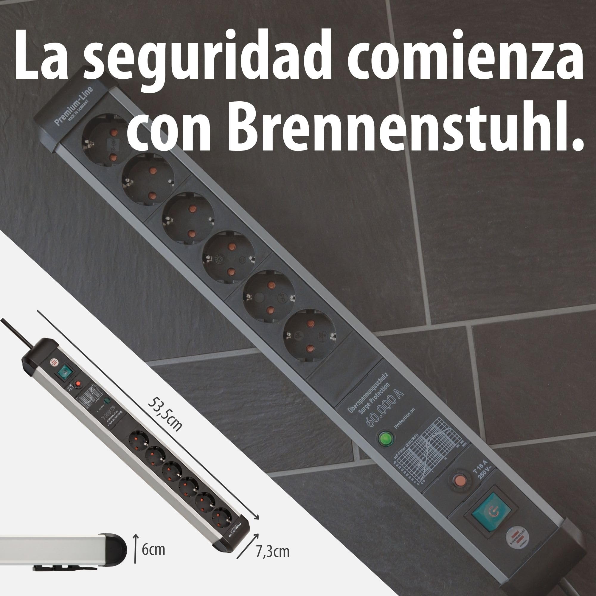 Brennenstuhl Premium-Protect-Line regleta enchufes de 6 Tomas con protección contra sobretensiones de 60.000 A (Cable de 3 m, Interruptor, protección antirayos, Fabricado en Alemania) Plateado/Negro