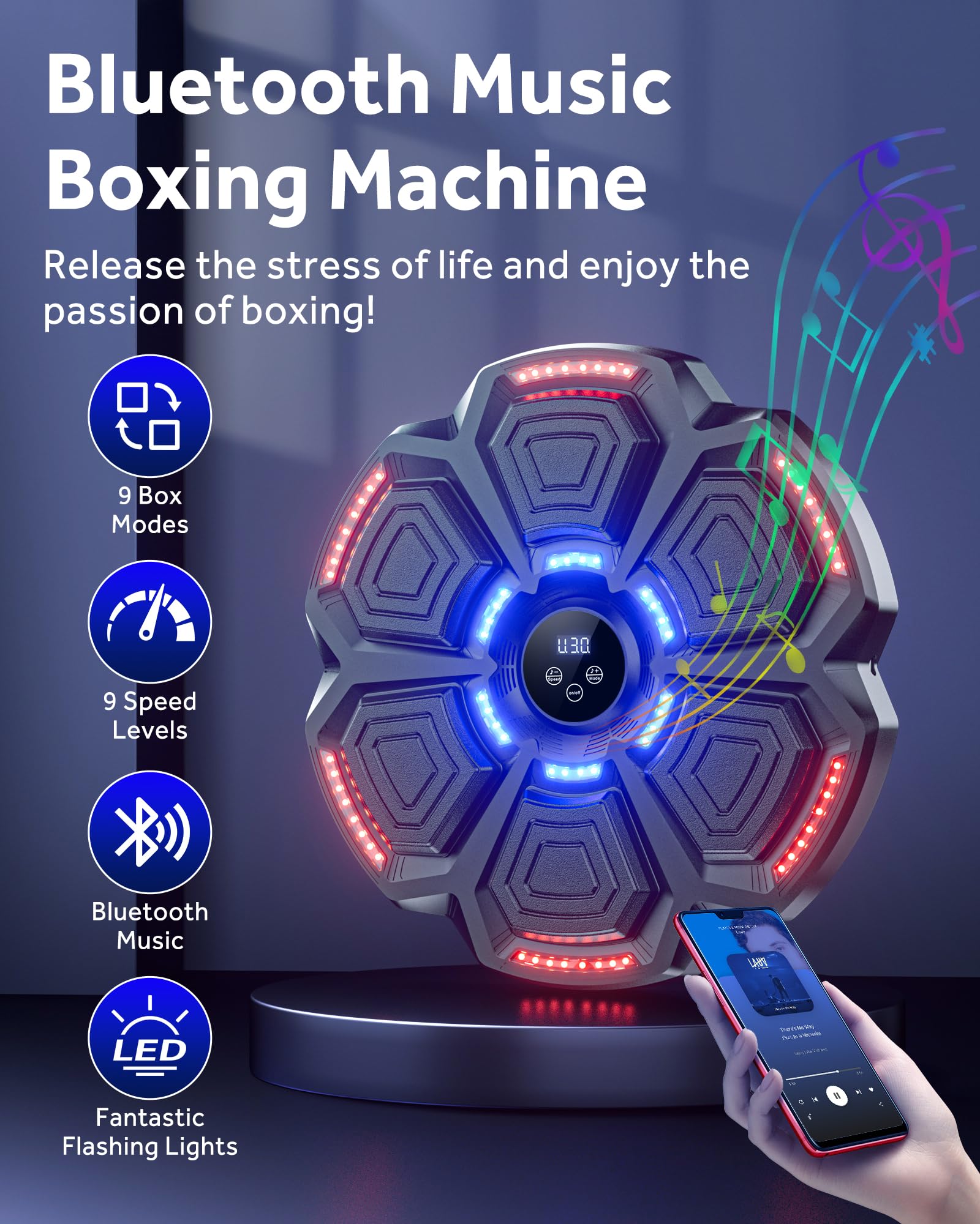 snawowo Music Boxing Machine Adulti - 9 modalità di velocità Macchina da Box Musical Pugile con Guanti da Boxe - LED Musica Bluetooth Boxe Allenamento per Casa