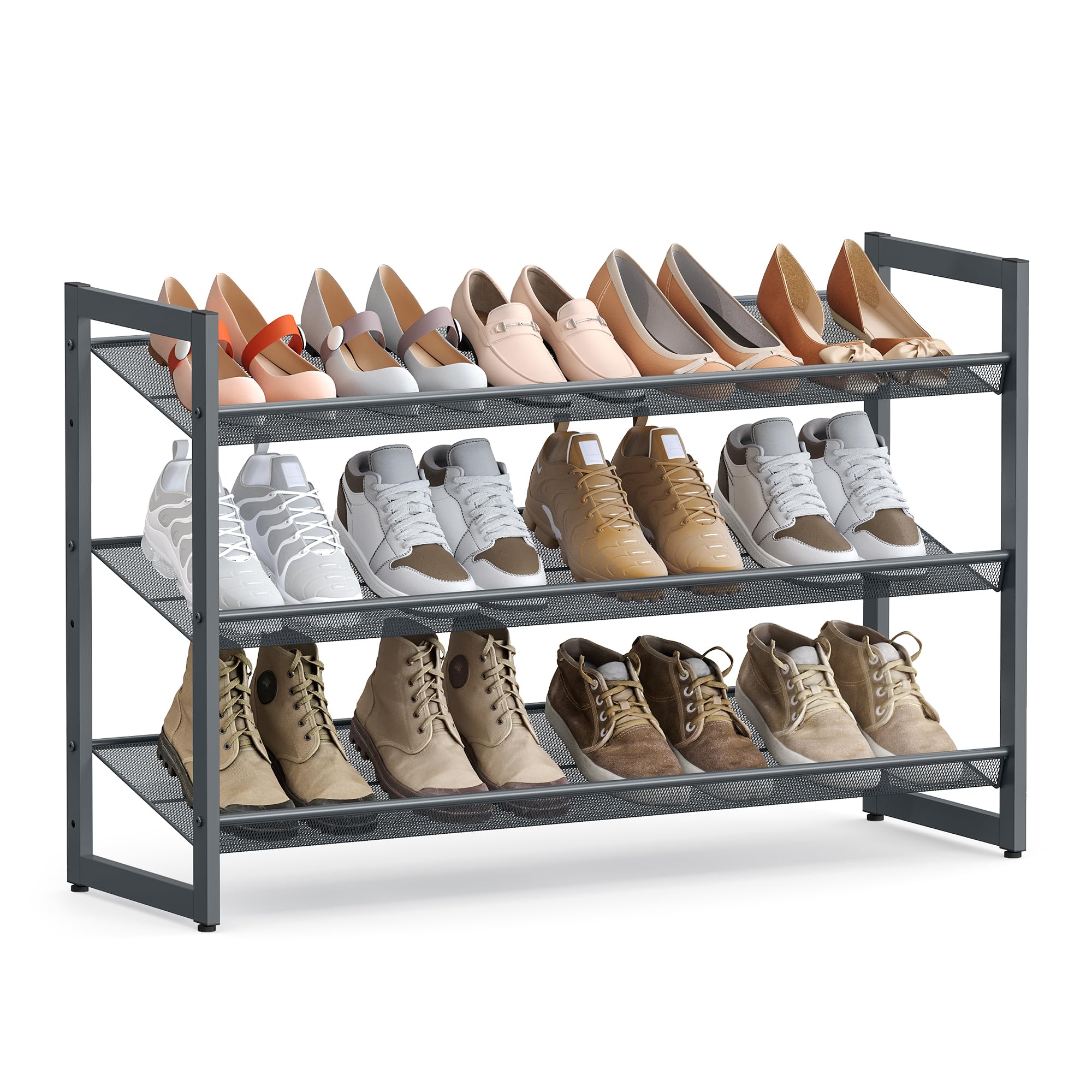 SONGMICS Shoe Rack, 3-Tier Shoe Organizer, Metal Shoe Storage for Garage, Stackable Shoe Shelf, with Adjustable Flat or Angled Shelves, 9-12 Pairs, Charcoal Gray ULMR03GB