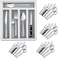 Vista 8 de E-far Juego de cubiertos de 24 piezas con bandeja organizadora y cuchillos para carne, cubiertos de acero inoxidable para 4, utensilios básicos
