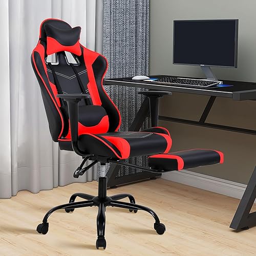 Silla para videojuegos, respaldo alto, de piel sintética, silla de computadora con reposacabezas y soporte lumbar, asiento ancho ajustable en altura