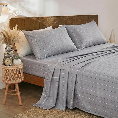Merryword Gray Pinstripe Sheet Set Full Size - 100% Cotton Striped Bedding 4 Pie