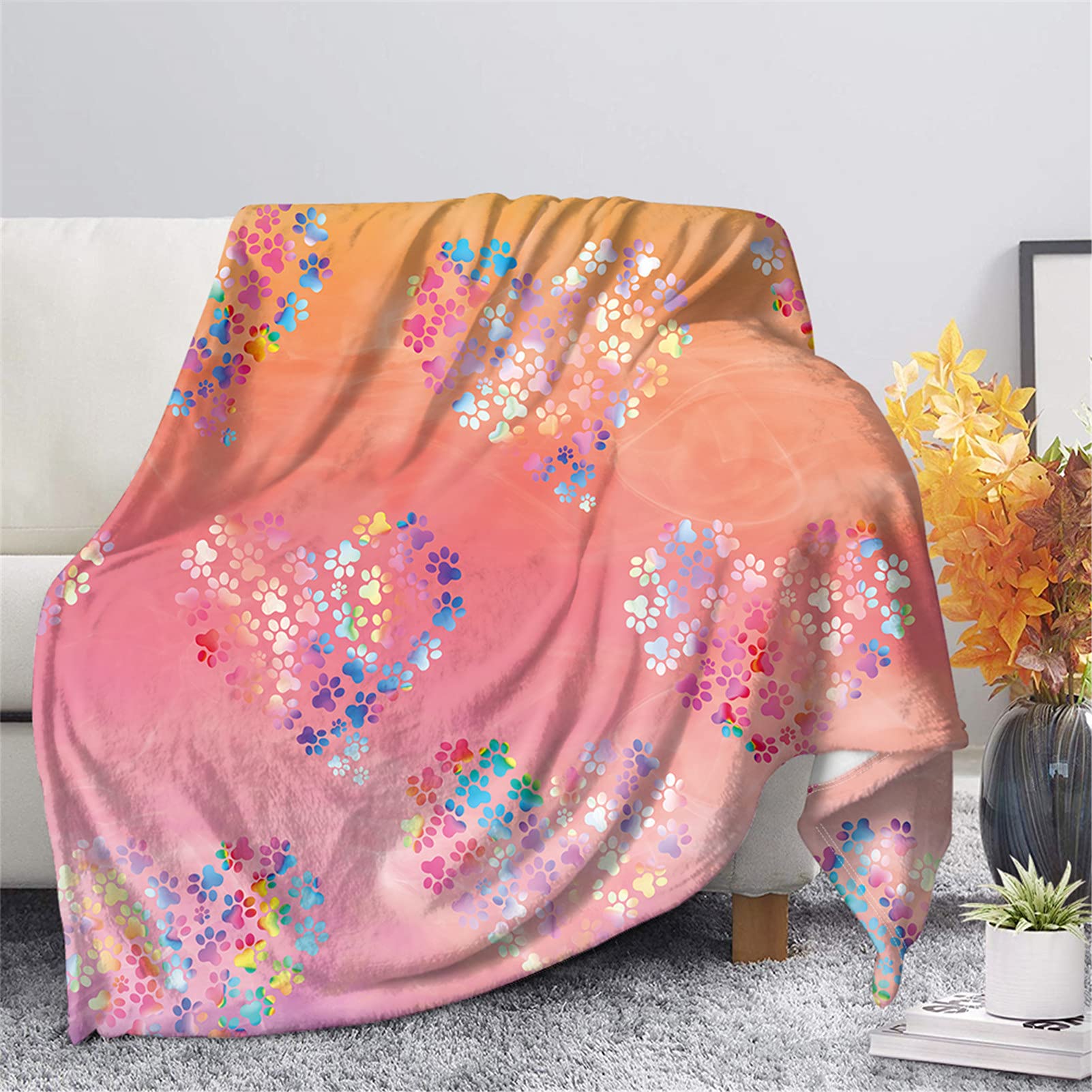 HUGS IDEA Dog Paws Blankets for Sofa, Couch, Settee, Chair, Pink Orange Gradual Change Animal Paws Heart Funny Gift Blanket Bed Sheet Shaggy Throws-XS — image 1
