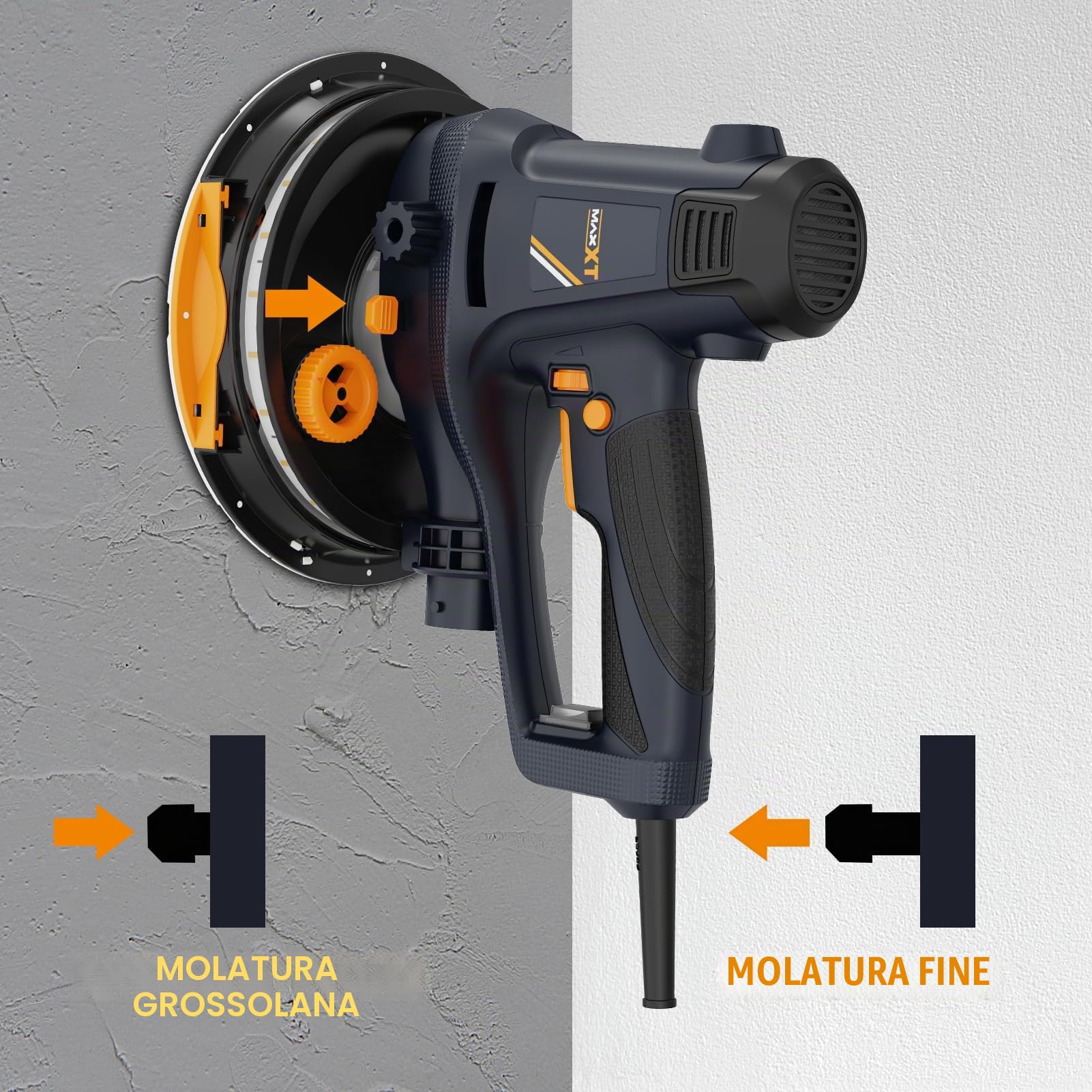MAXXT Levigatrice manuale per cartongesso, 810 W, smerigliatrice elettrica per pareti, 1500-2800 giri/min, velocità variabile, aspirazione regolabile, levigatura grossolana/fine, 8 pezzi