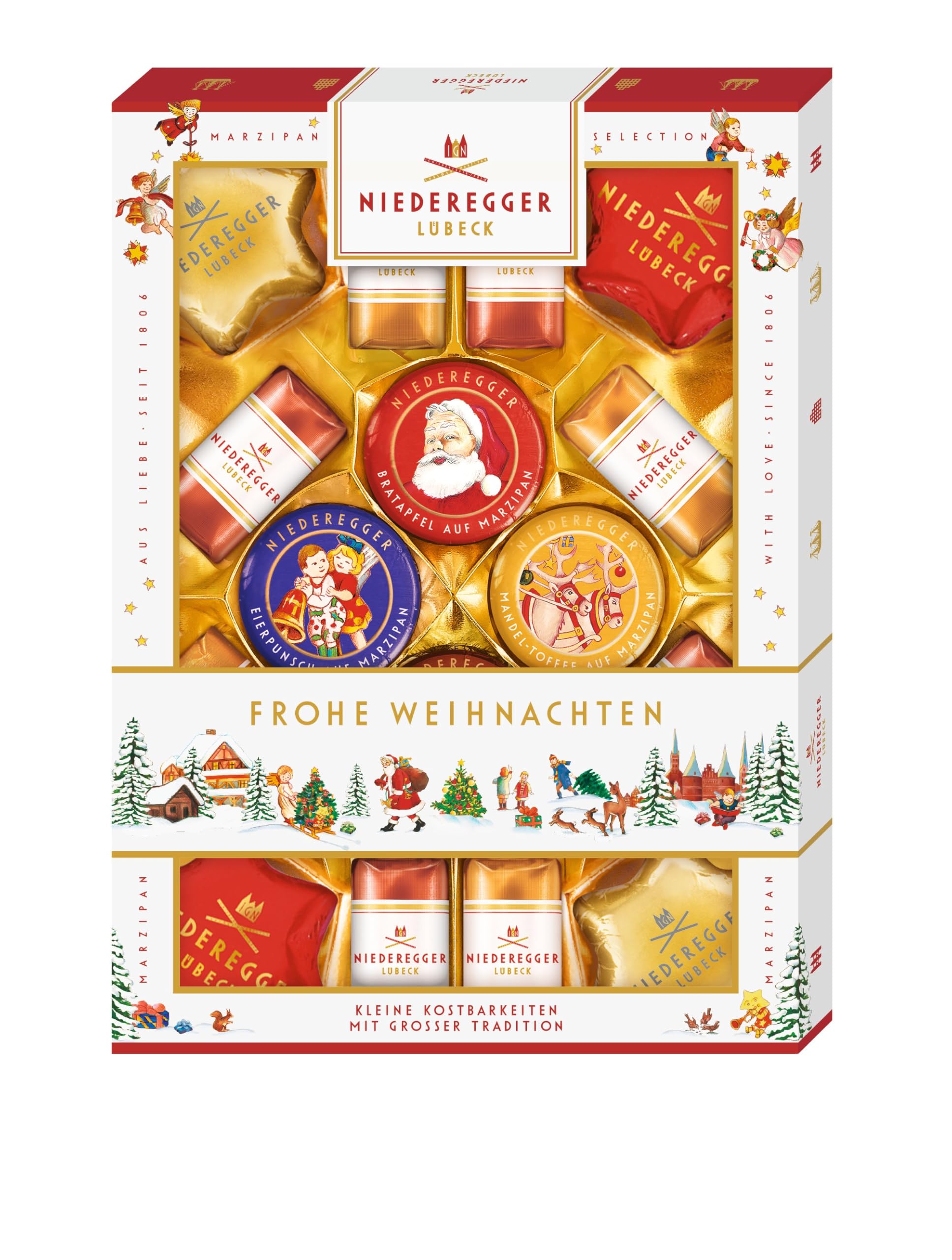 Niederegger | Weihnachts-Marzipanerie® | 1x 206g | Festliche Sorten Bratapfel, Mandel-Toffee, Lebkuchen & Eierpunsch | Umhüllt von Zartbitter- & Vollmilch-Schokolade | Geschenk zu Weihnachten