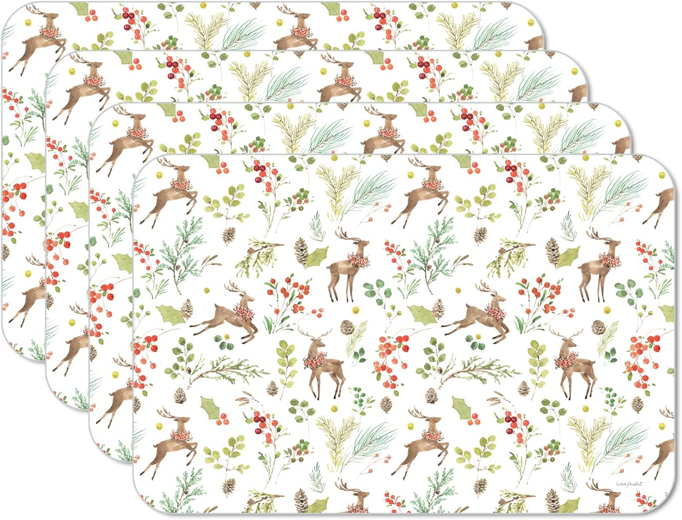 CounterArt Bright & Merry 4 Pack Reversible Easy Care Flexible Plastic Placemats Made in The USA BPA Free PVC Free Easily Wipes Clean