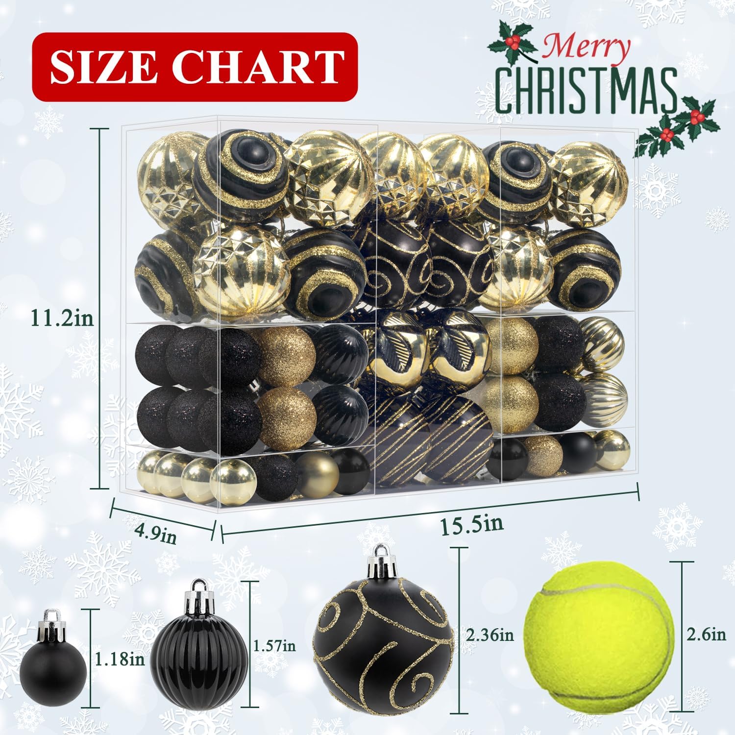 100 Pcs Christmas Ball Ornaments Set, Black and Gold Xmas Tree Decoration, Shatterproof Decorative Hanging Balls with Loop for Christmas Party Holiday Wreath Garland Home Decor