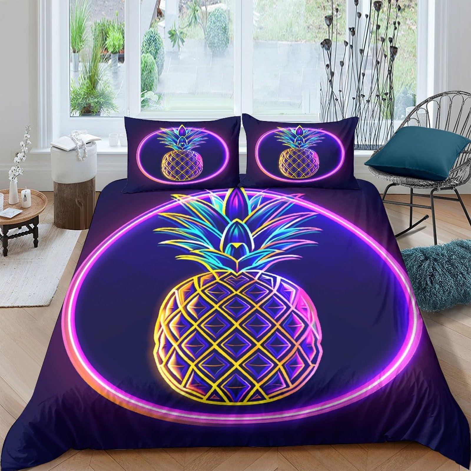 Ctjqhvkz Style-4 3D Printed Neon Pineapple Fitted Sheet Microfiber Bedroom Decor Vibrant Bed Cover For Home Dorm Mattress Protection Single（135X200cm）