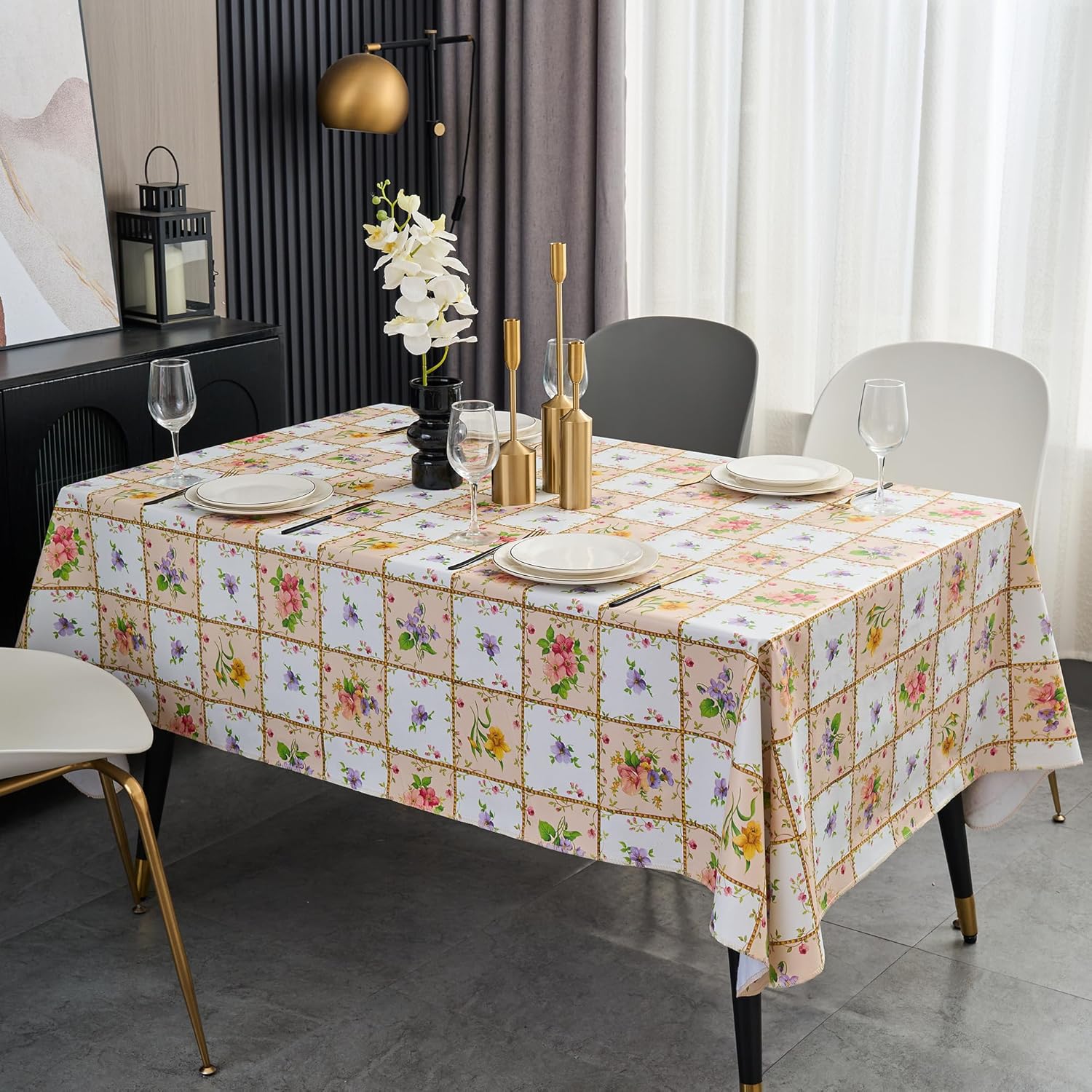 Pioggia Vinyl Tablecloth with Flannel Backed Waterproof Oil-Proof PVC Table Cloth Wipeable Spill-Proof Plastic Table Cover for Indoor and Outdoor(Colorful Flowers, 60 x 102 Inch Rectangle)
