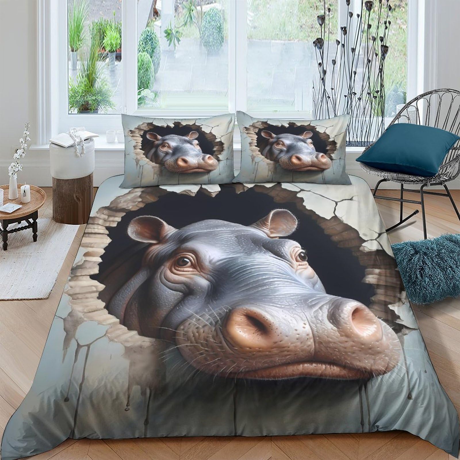 Ctjqhvkz Style-8 3D Printed Hippo Wall Break Fitted Sheet Microfiber Non Slip Bed Cover For Bedroom Guest Room Easy Care Decor Single（135X200cm）