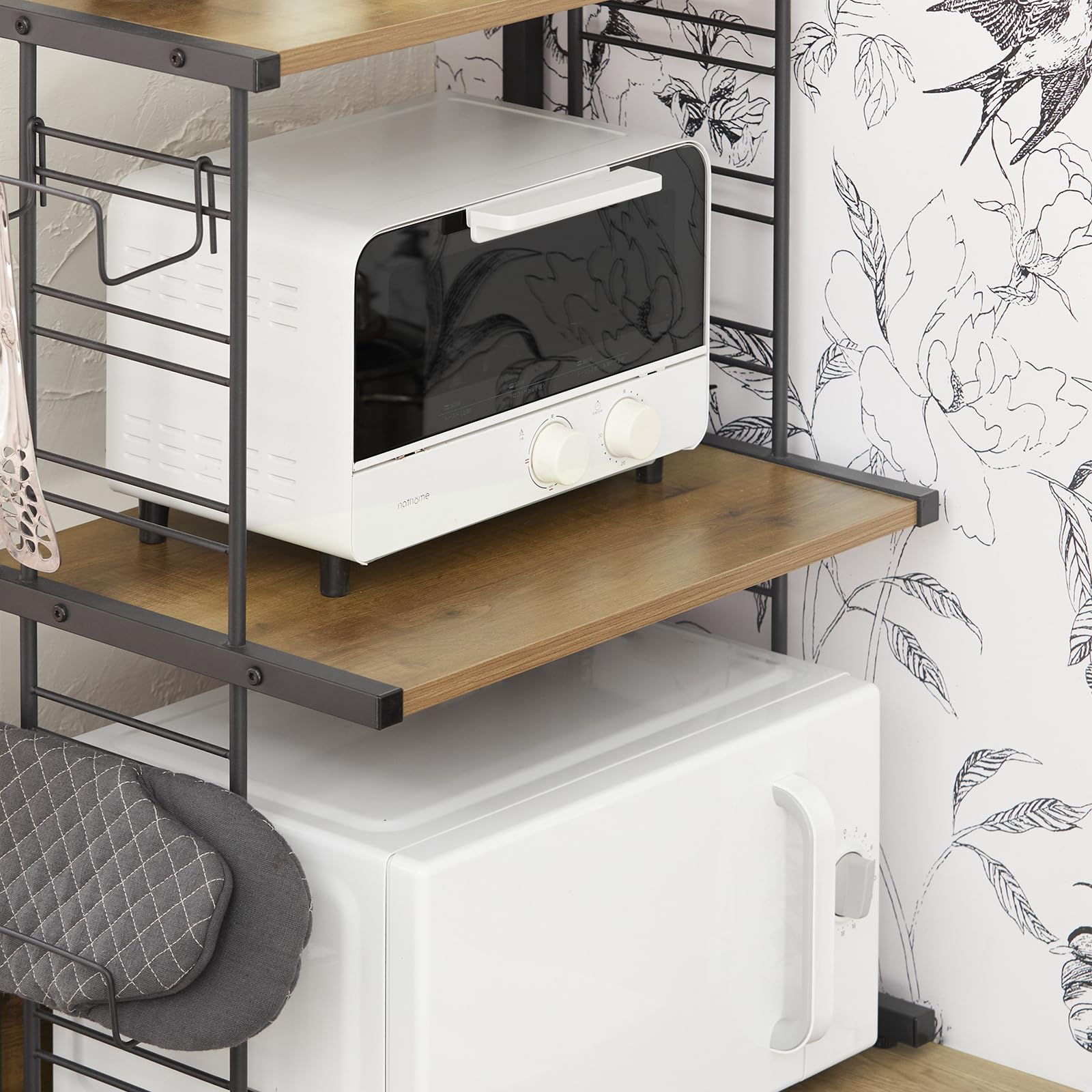 SoBuy Étagères Micro-Ondes de Cuisine, 2 Niveaux, Industriel, 60x72x36cm | Support pour Four à Micro-Ondes, 2 porte-bouteilles & 4 patins antidérapants, charge 40 kg, PB/métal, cuisine, KCR08-PF