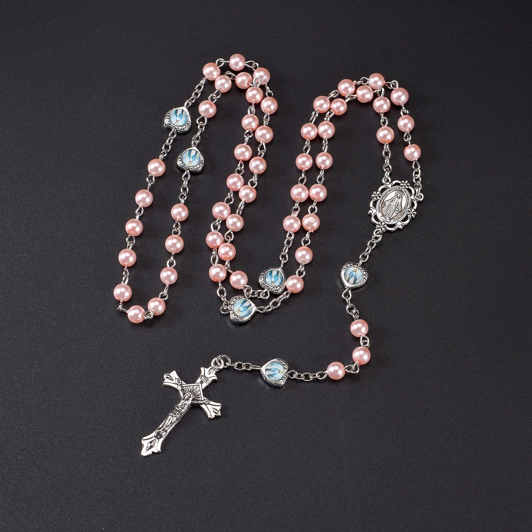 Collana Rosario Cristiano con Croce retrò, Catena Lunga di Perline Preghiera per Battesimo Comunione Matrimonio