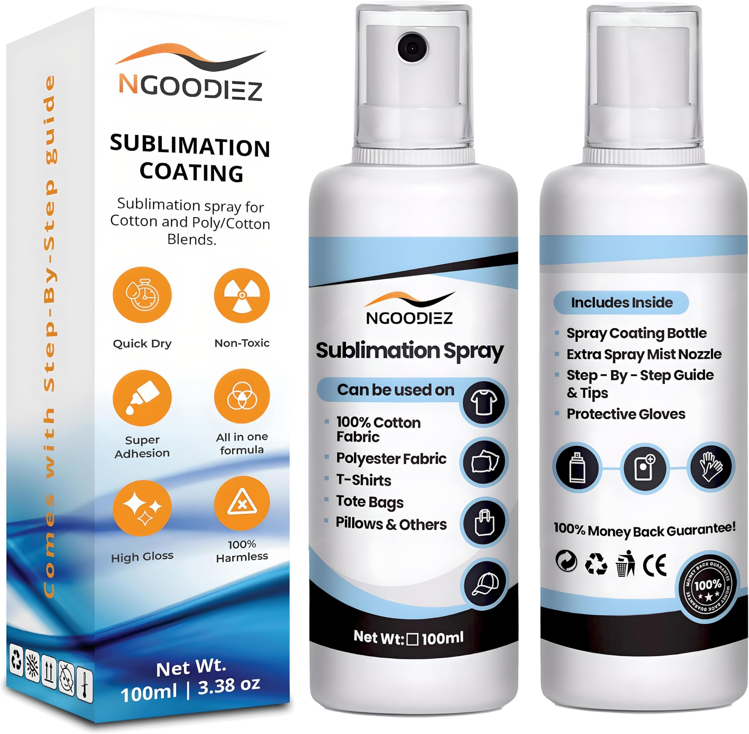 NGOODIEZ Sublimation Spray for Cotton T-Shirts & Polyester | Complete Kit with Extra Nozzle & Pro Guide | Sublimation Coating Spray for All Materials | Quick Dry, Anti-Fade, Washable (100ml)