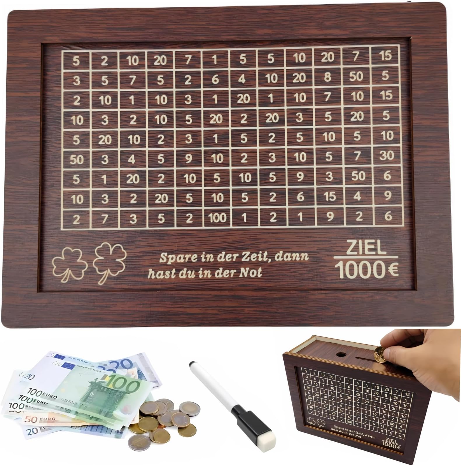 FfobccaWooden Money Box Money Box with Money Target and Numbers to Tick Cash Box with Counter, Helps Children and Adults to Develop the Habit of Saving