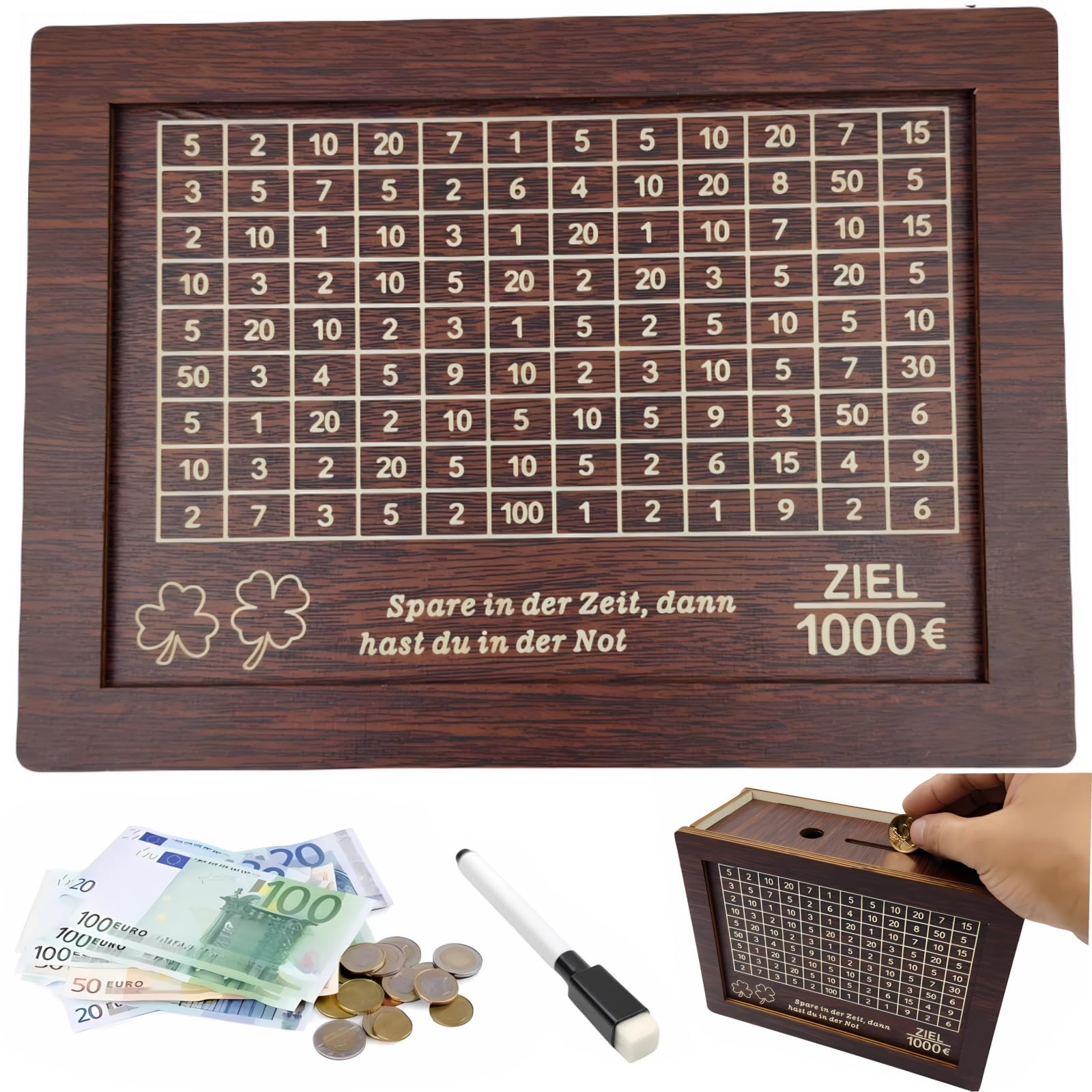 FfobccaWooden Money Box Money Box with Money Target and Numbers to Tick Cash Box with Counter, Helps Children and Adults to Develop the Habit of Saving