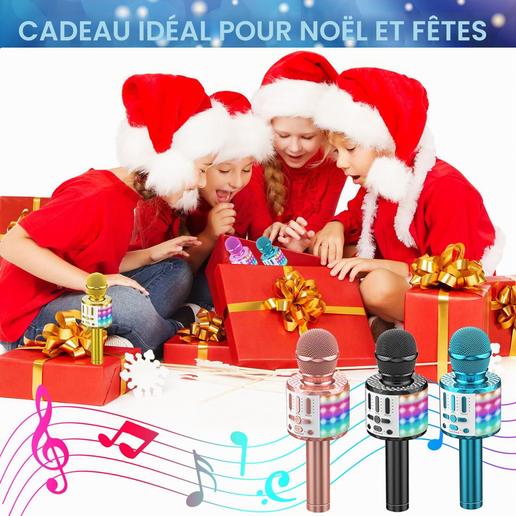 Micros sans Fil Karaoké, Microphone Karaoke Bluetooth avec Lumière Scène, Portable Haut-Parleur pour Enfants/Adultes Fête Chanter Disco KTV Clubs Noël Anniversaire Soiree Idée Cadeau Fille Garcon