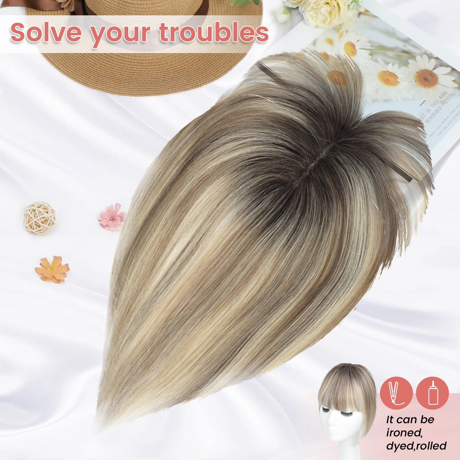 Lasunork Hair Toppers for Women Human Hair Topper Clip in Fringe Hand-woven Swiss Base Hair Topper (Ombre Light Brown with Blond Highlight) - Image 3