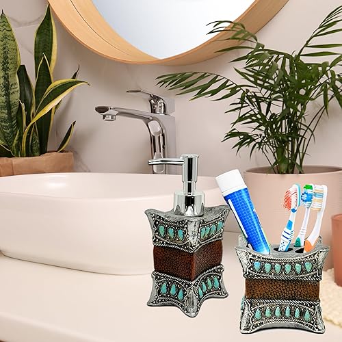 Miniatura 7 de Juego de baño rústico de 3 piezas de piel sintética de resina decorativa con gema turquesa, botella de bomba, soporte para cepillos de dientes y