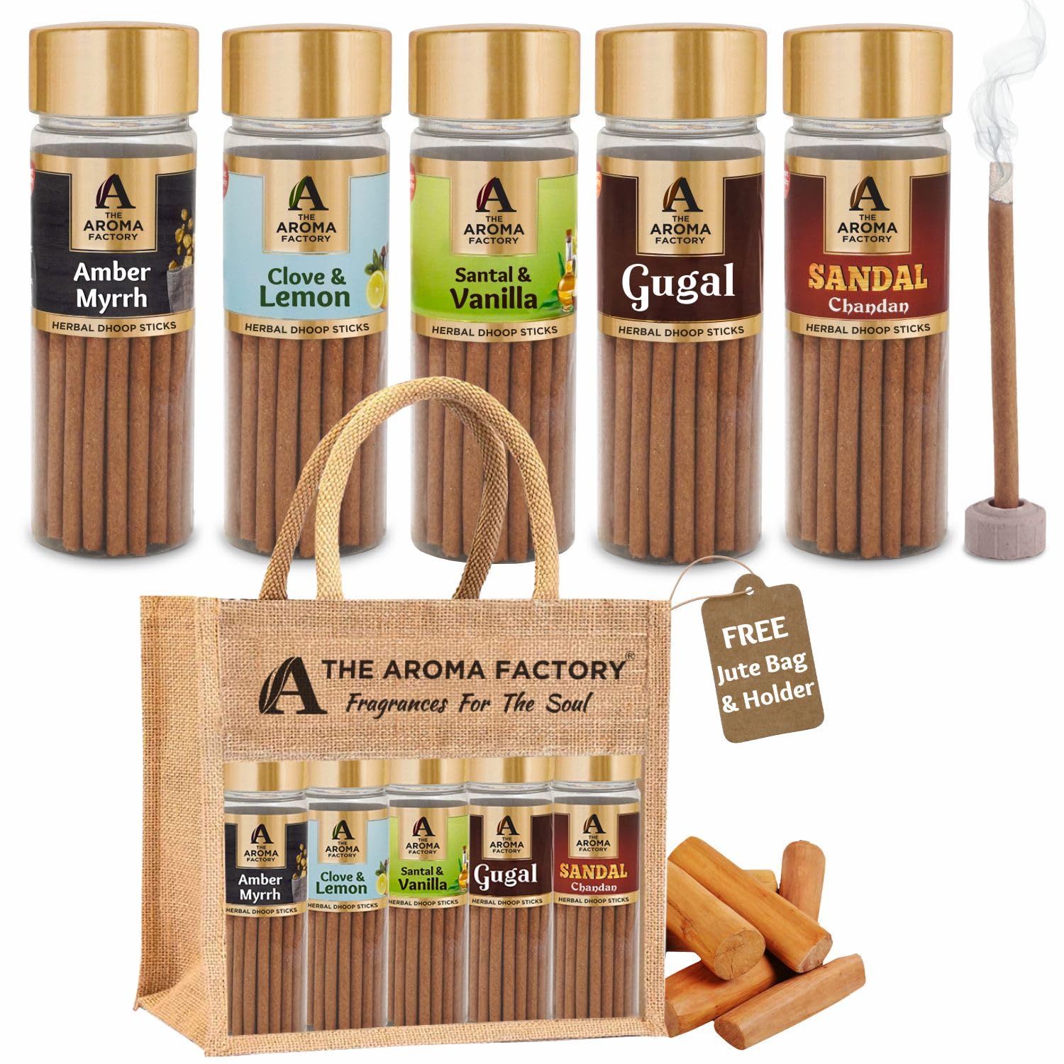 The Aroma Factory Dhoop batti - Varillas de bambú con soporte para incienso, 5 botellas de 75 g, con bolsa de yute (bienestar)
