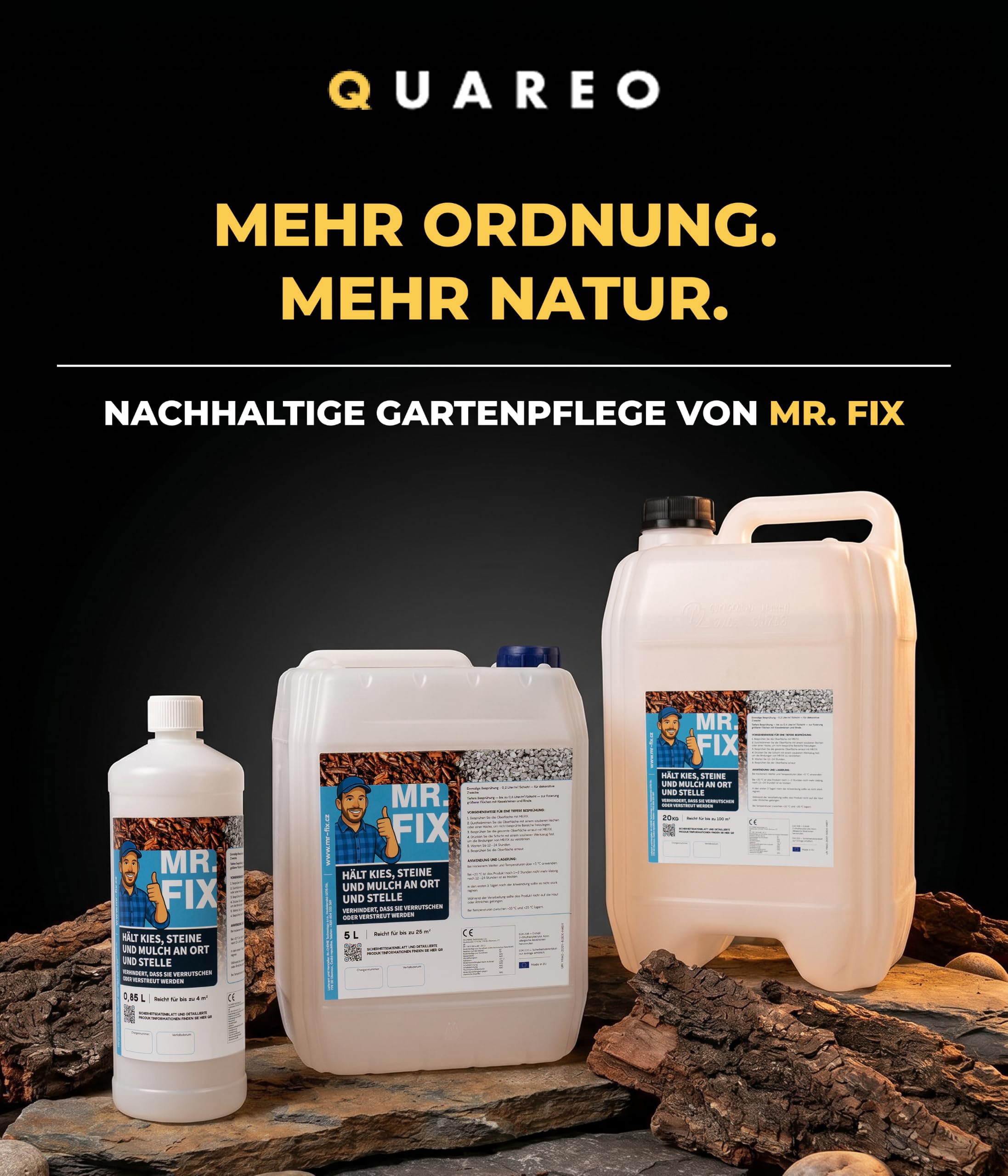 MR. FIX® Kiesbinder (0,85l) – Steinkleber wasserfest & UV-beständig, einfache Anwendung, starke Haftung für Garten & Wege – Kiesverfestiger für Haus und Garten – Made in Germany