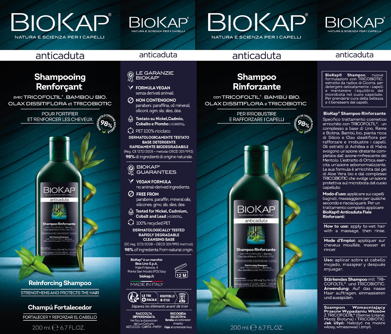 BIOS LINE Biokap Shampoo Anticaduta Rinforzante con Tricobiotic, Rinforza e Fortifica i Capelli, Uso Quotidiano, 200 ml