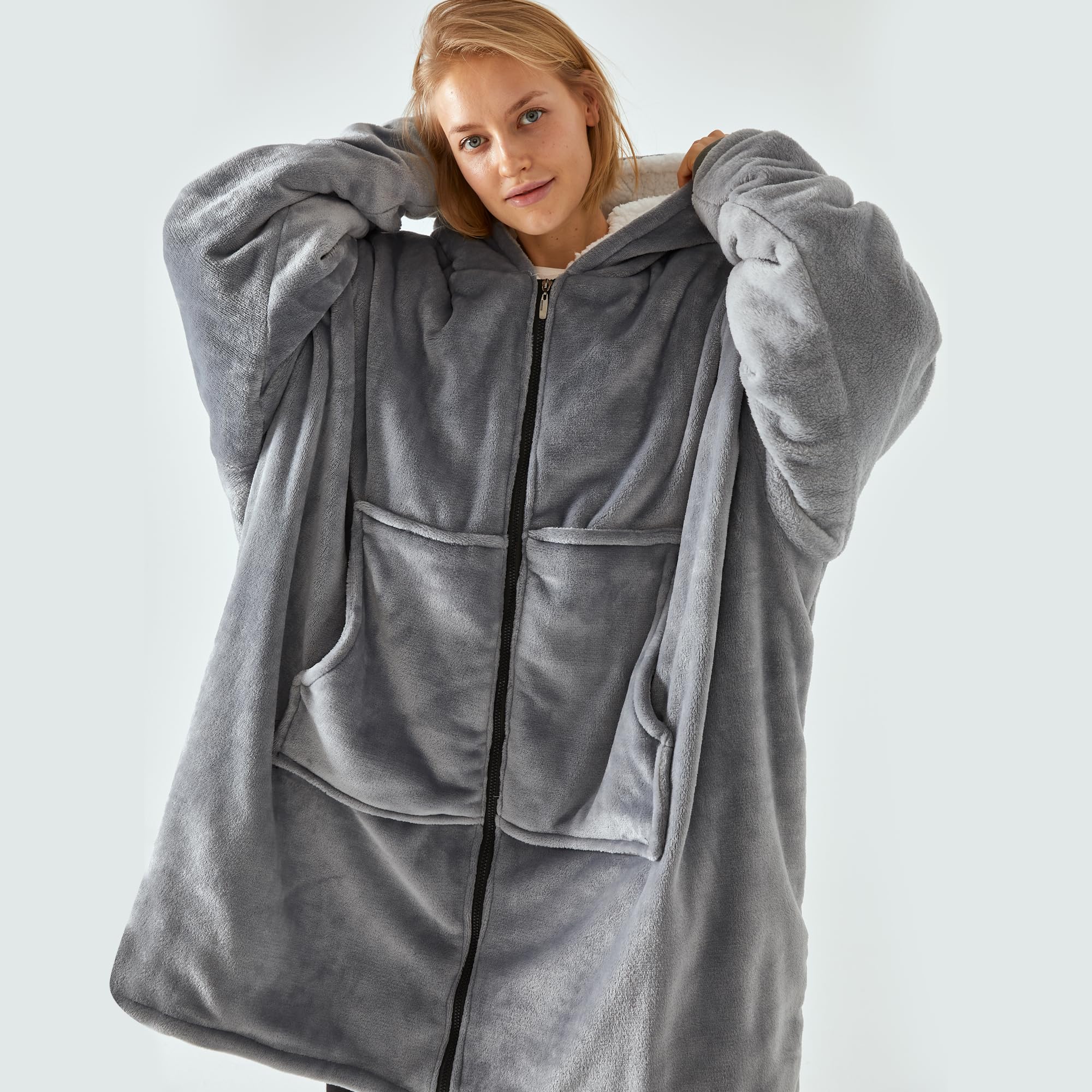 Pahajim Felpa Coperta con Cappuccio Oversize Coperta Indossabile Donna con Cerniera Flanella Calda e Morbida Felpe con Cappuccio per Adulti, Uomo, Donne, Adolescenti 90x120 cm