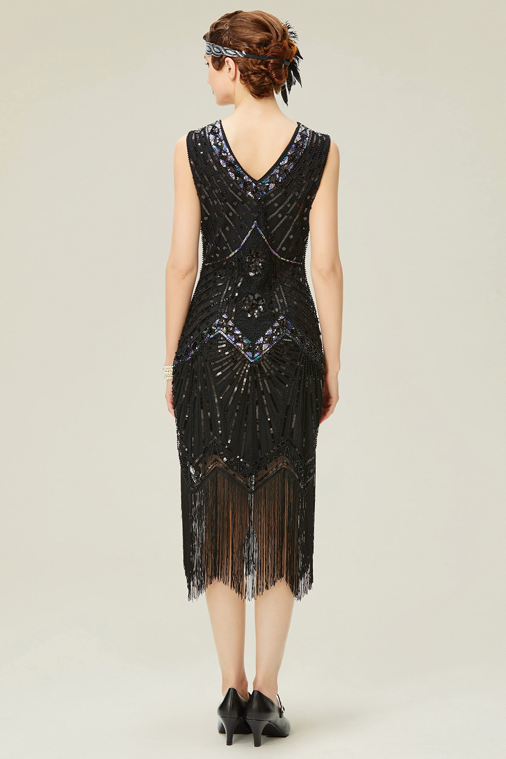 BABEYOND Damen-Charleston-Kleid, 1920er-Jahre, V-Ausschnitt, Great Gatsby-Kleid mit Perlen, Fransen
