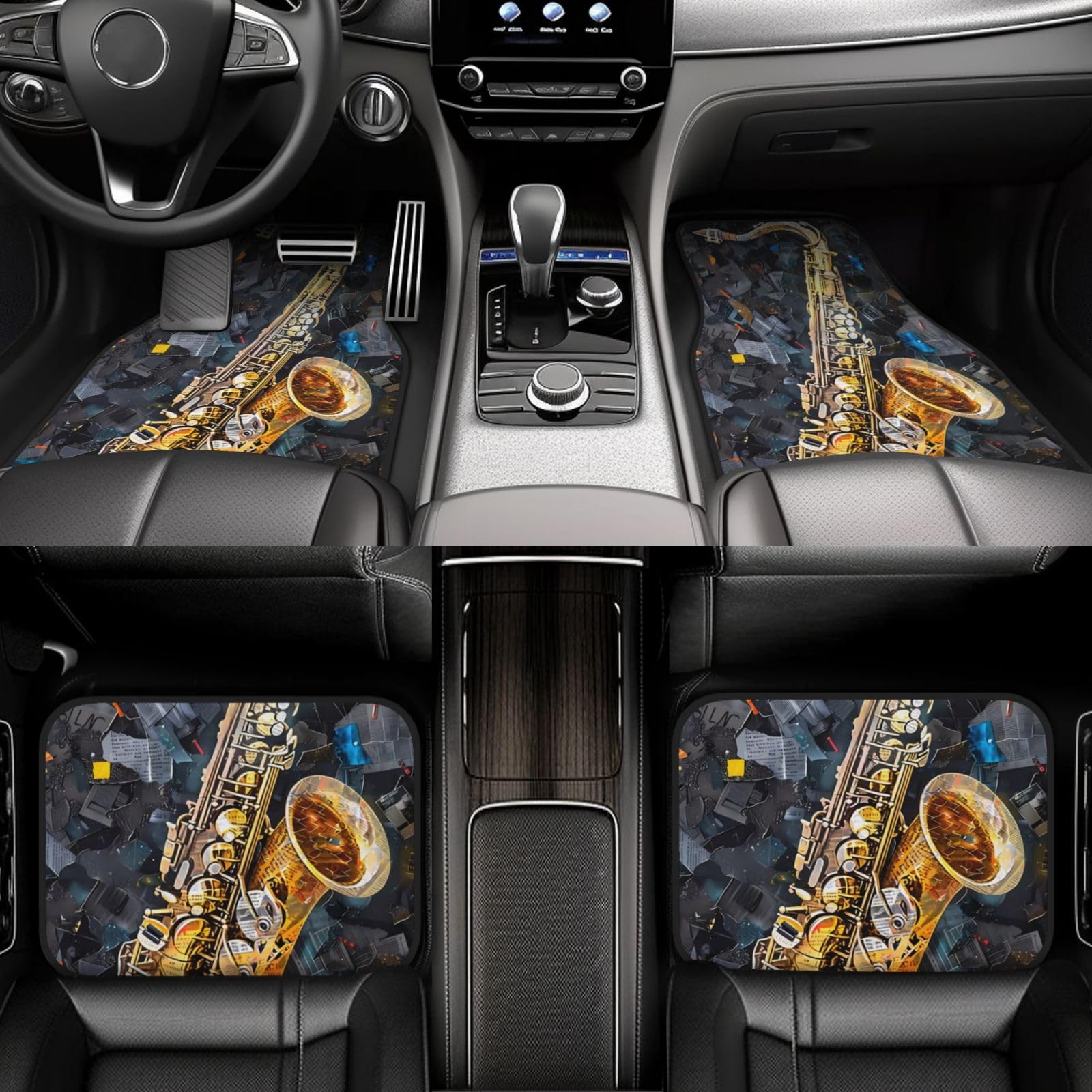 Set di tappetini per auto divertenti con motivo a sassofono jazz, musica artistica, set da 4 pezzi - Tappetini per auto, accessori per auto anteriori e posteriori