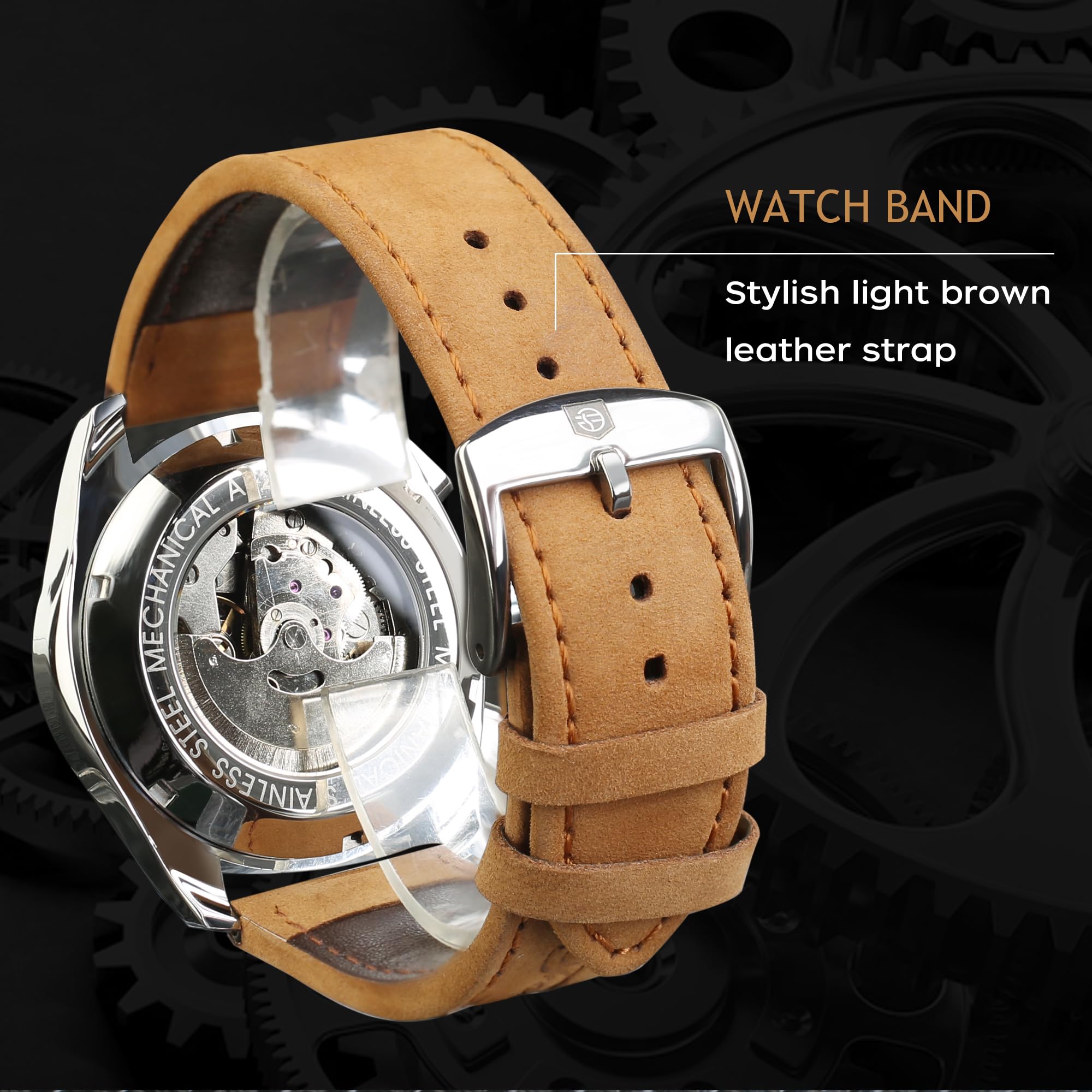 FORSINING Men's Transparent Sport Watch, Luxury Genuine Leather Strap Fashion Automatic Mechanical Skeleton Watch Mens Watches