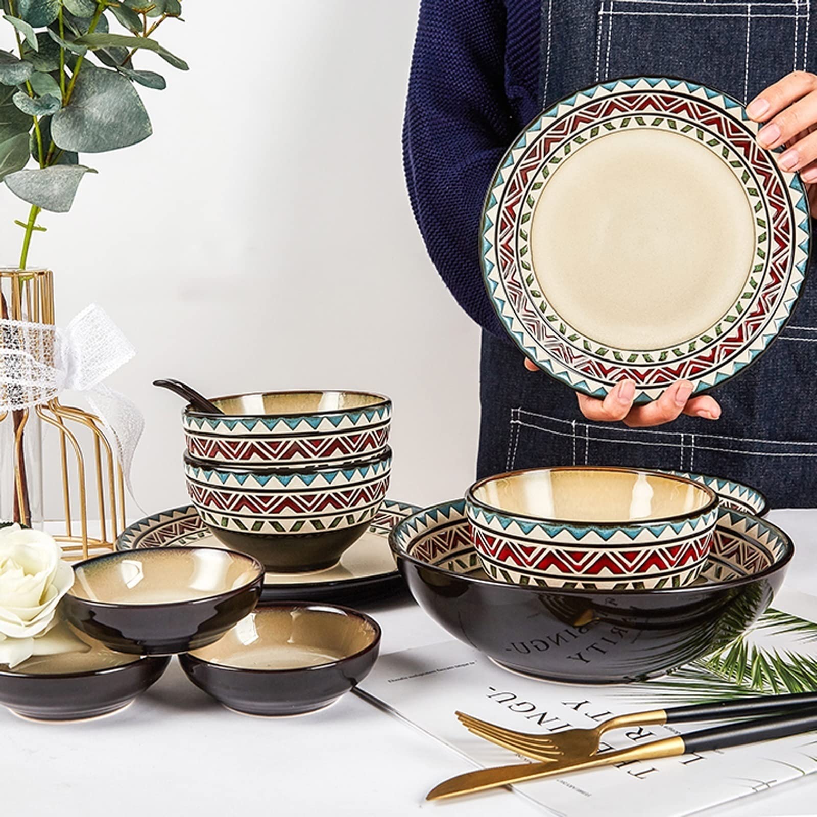 H3TF5J Set di Piastre per Cena a Base di Geometrica retrò, Set di stoviglie in Ceramica a 18 Pezzi, lavastoviglie e tavoli da Tavolo sicuri a microonde, Piastre di Porcellana Durevole ad Alta