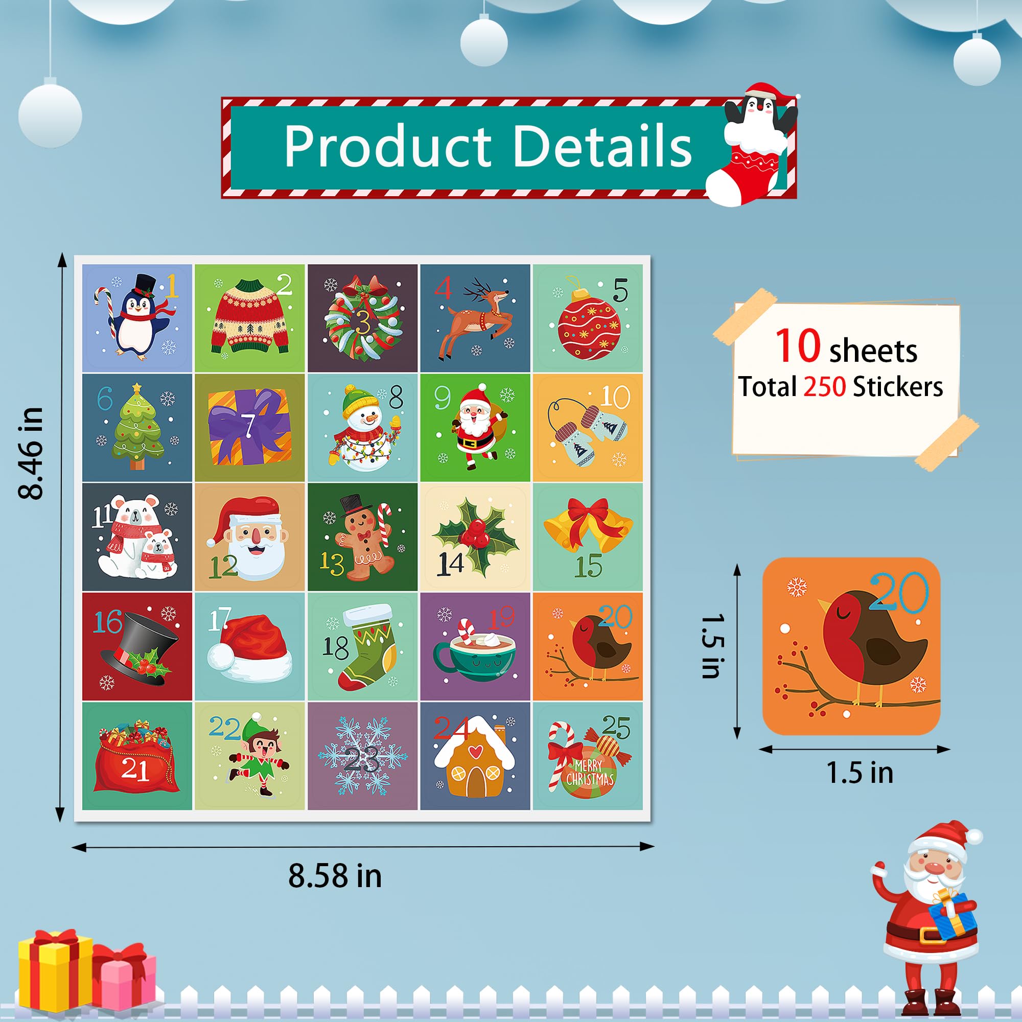 Lucleag 250PCS Advent Calendar Number Stickers for Kids, Adorable 1-25 Christmas Number Stickers for Craft DIY Gift Labels & Envelope Sealing